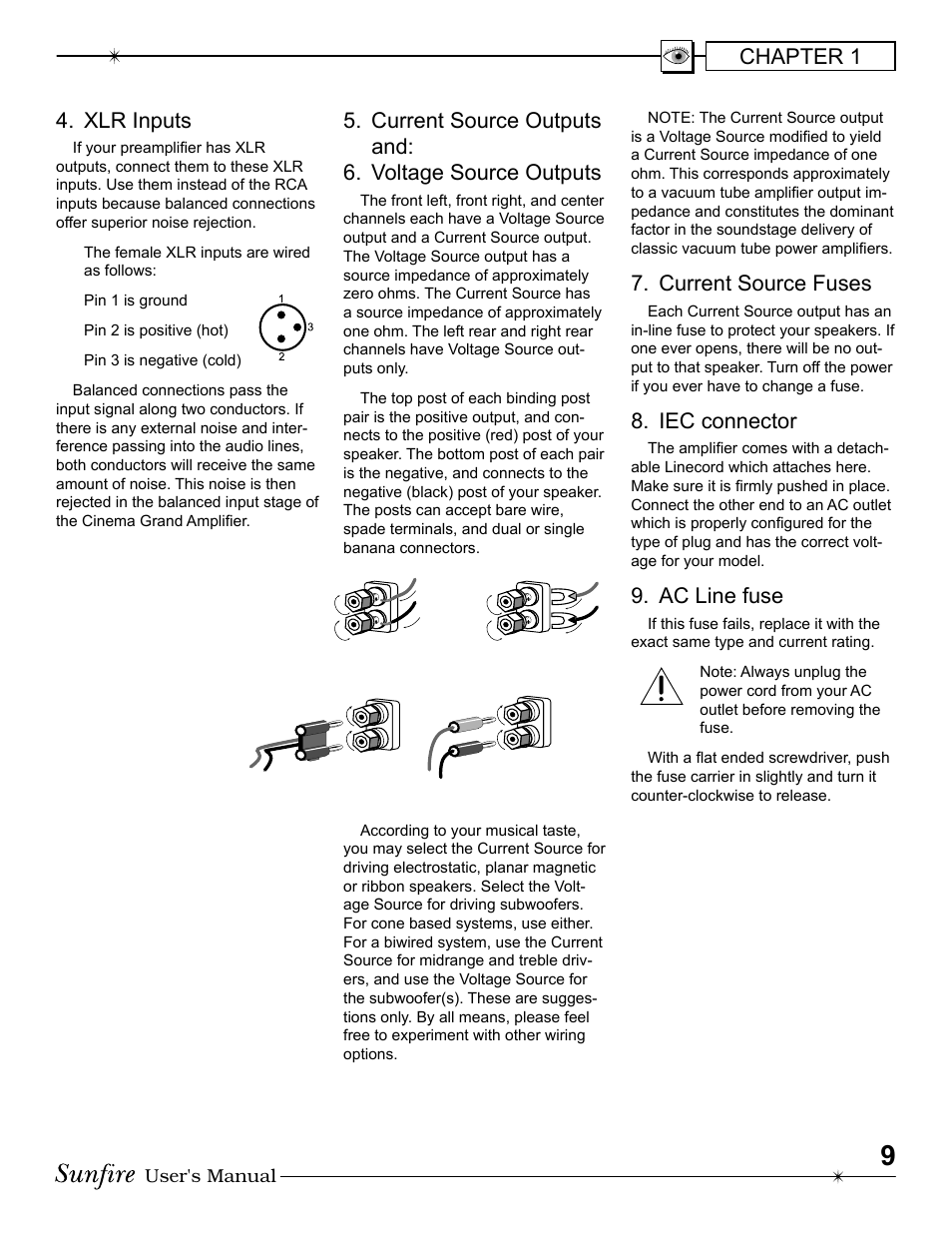 Xlr inputs, Current source fuses, Iec connector | Ac line fuse, Chapter 1 | Sunfire 200 ~ five User Manual | Page 9 / 20