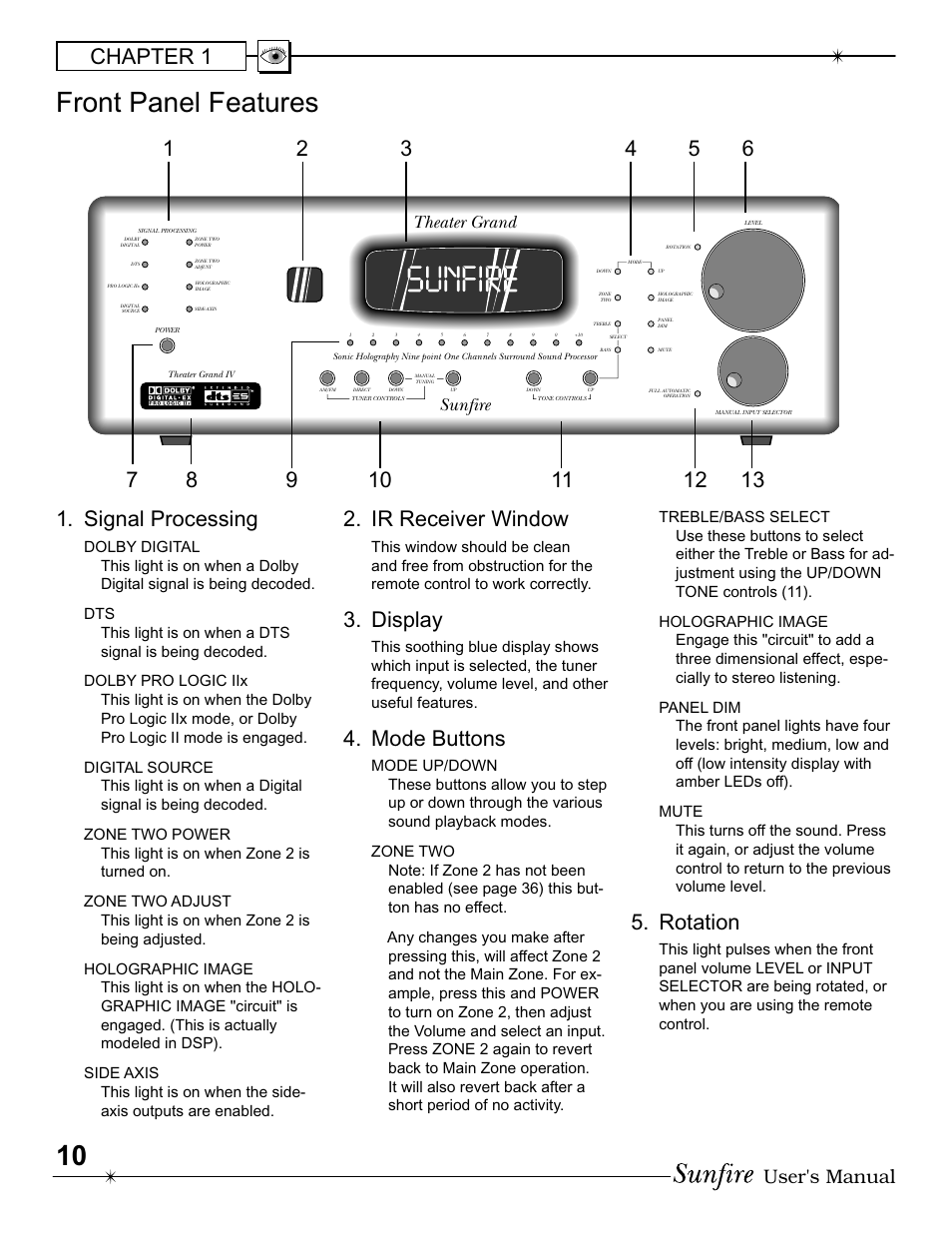 Front panel features, Chapter 1, Signal processing | Ir receiver window, Display, Mode buttons, Rotation, User's manual, Theater grand, Sunfire | Sunfire IV User Manual | Page 10 / 60