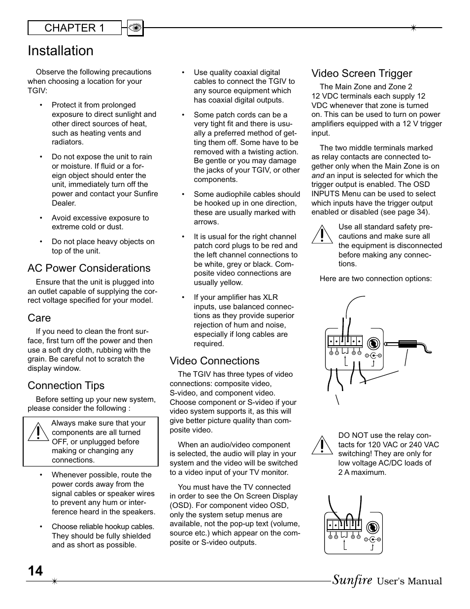 Installation, Chapter 1, Ac power con sid er ations | Care, Connection tips, Video connections, Video screen trigger, User's manual | Sunfire IV User Manual | Page 14 / 60