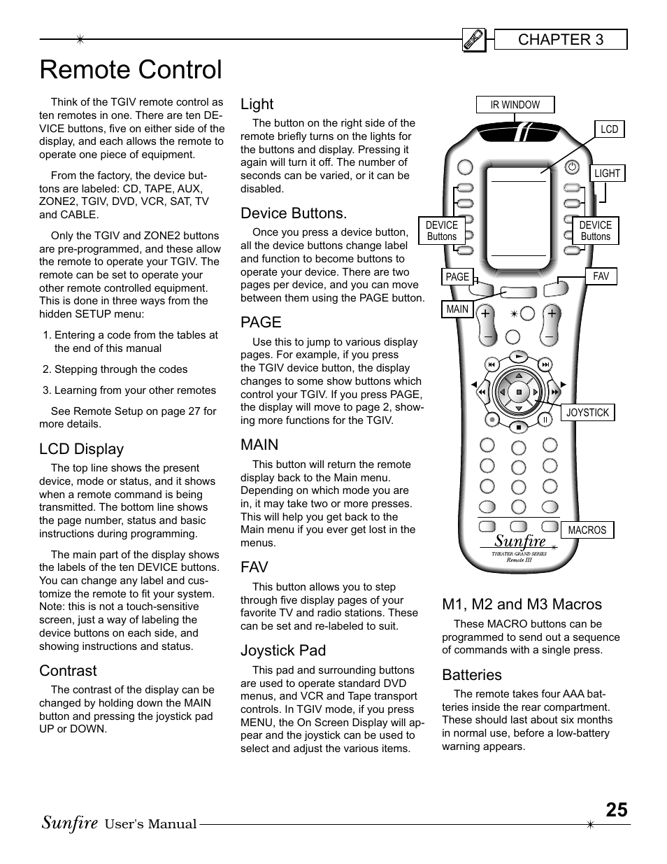 Remote control, Chapter 3, Lcd display | Contrast, Light, Device buttons, Page, Main, Joystick pad, M1, m2 and m3 macros | Sunfire IV User Manual | Page 25 / 60