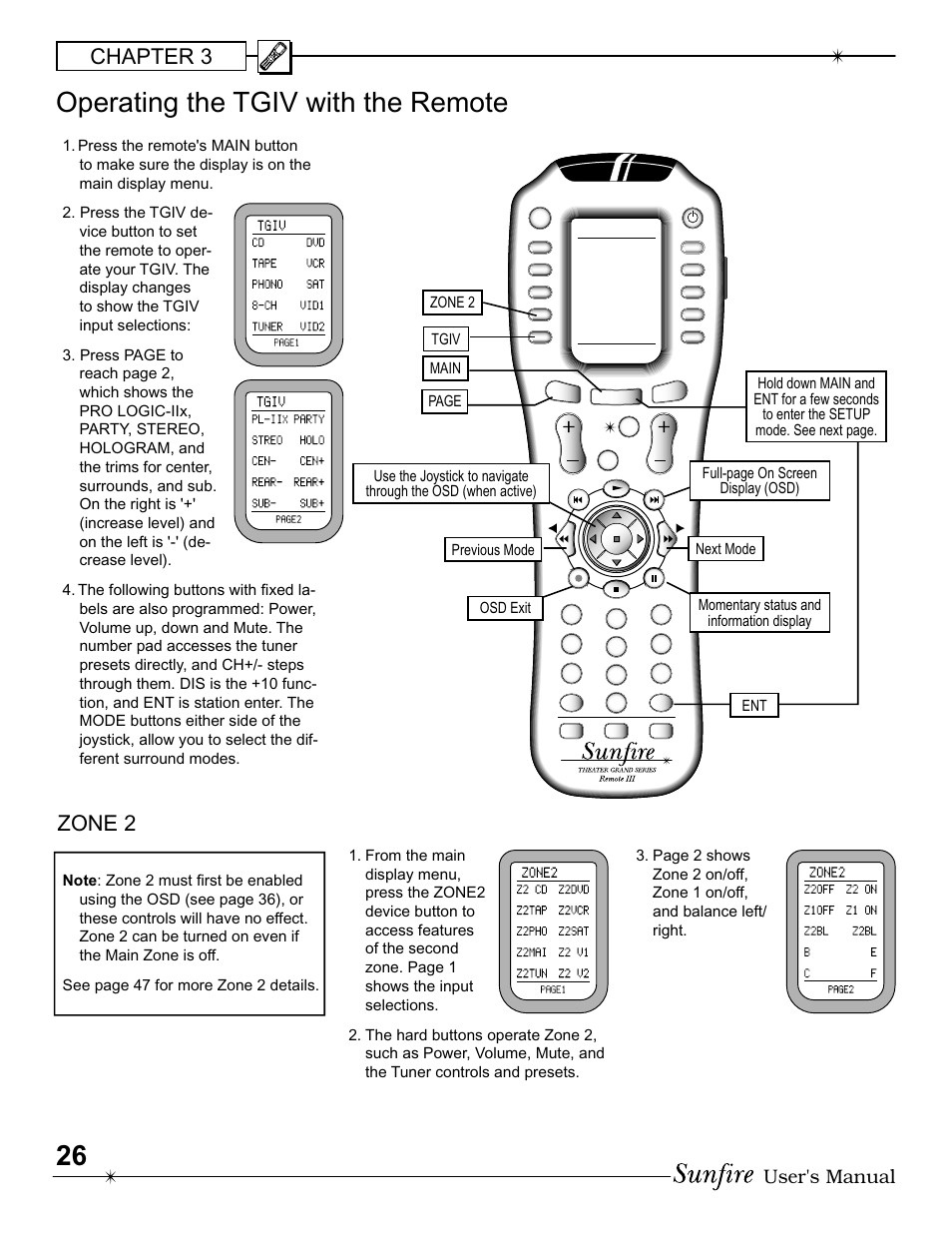 Operating the tgiv with the remote, Chapter 3, Zone 2 | User's manual, Main | Sunfire IV User Manual | Page 26 / 60