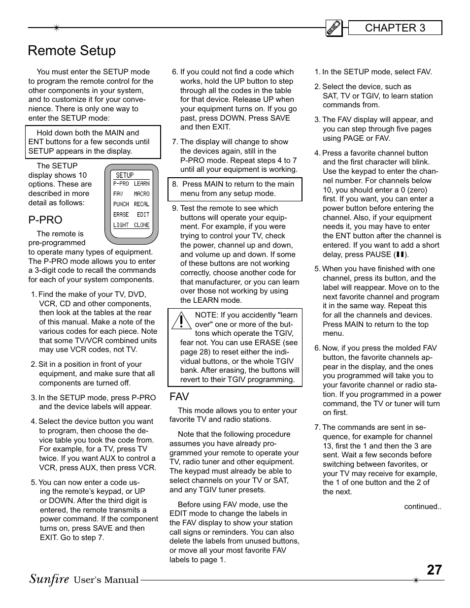 Remote setup, Chapter 3, P-pro | Sunfire IV User Manual | Page 27 / 60