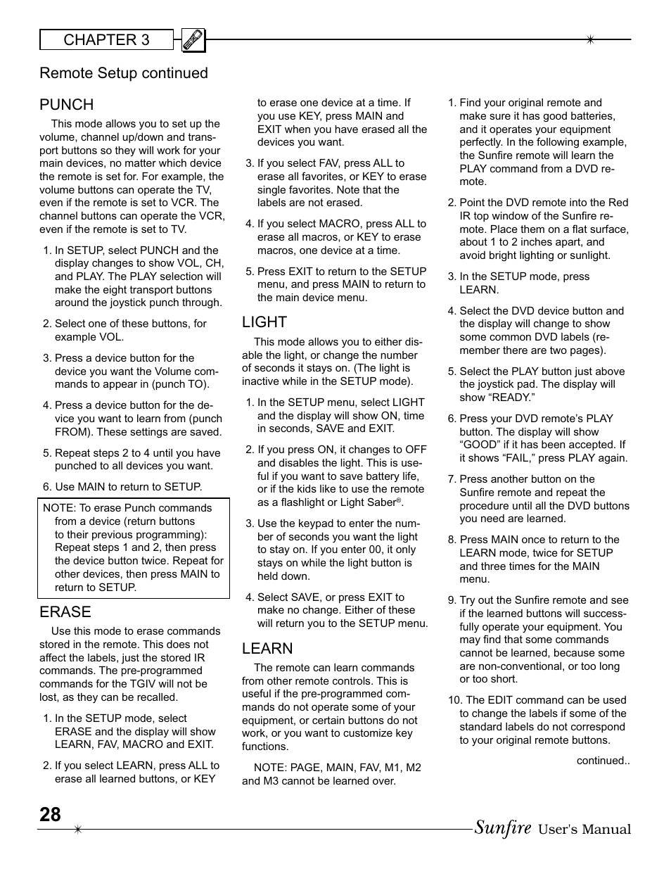 Chapter 3 punch, Erase, Light | Learn, Remote setup continued | Sunfire IV User Manual | Page 28 / 60