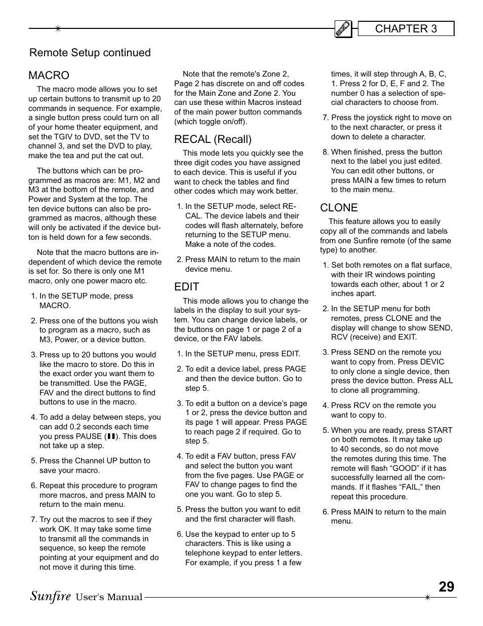 Chapter 3 macro, Recal (recall), Edit | Clone, Remote setup continued | Sunfire IV User Manual | Page 29 / 60