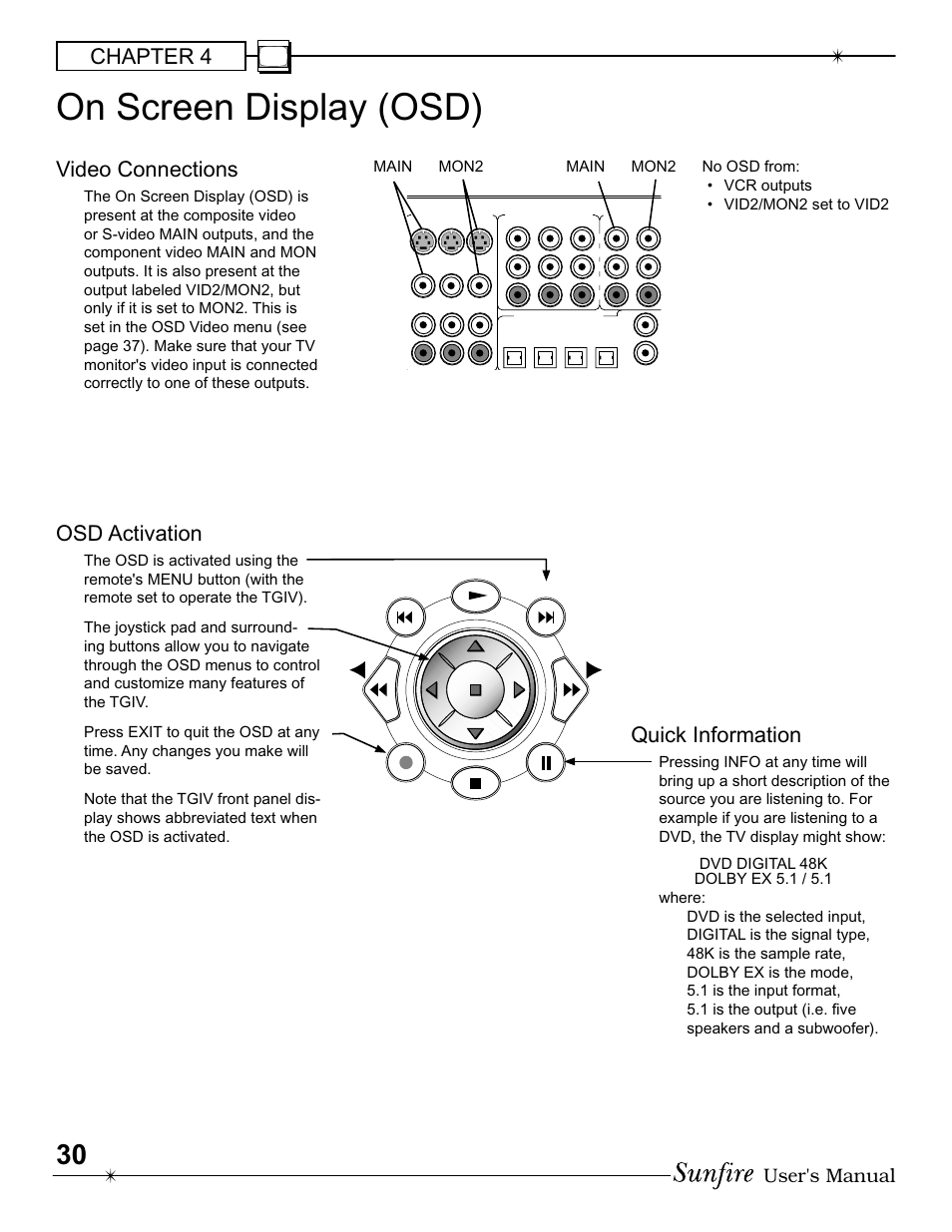 On screen display (osd), Chapter 4, Video connections | Osd activation, Quick information, User's manual | Sunfire IV User Manual | Page 30 / 60