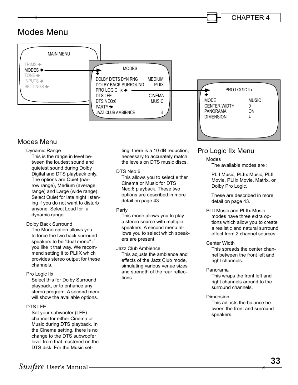 Chapter 4, Modes menu, Pro logic iix menu | Sunfire IV User Manual | Page 33 / 60