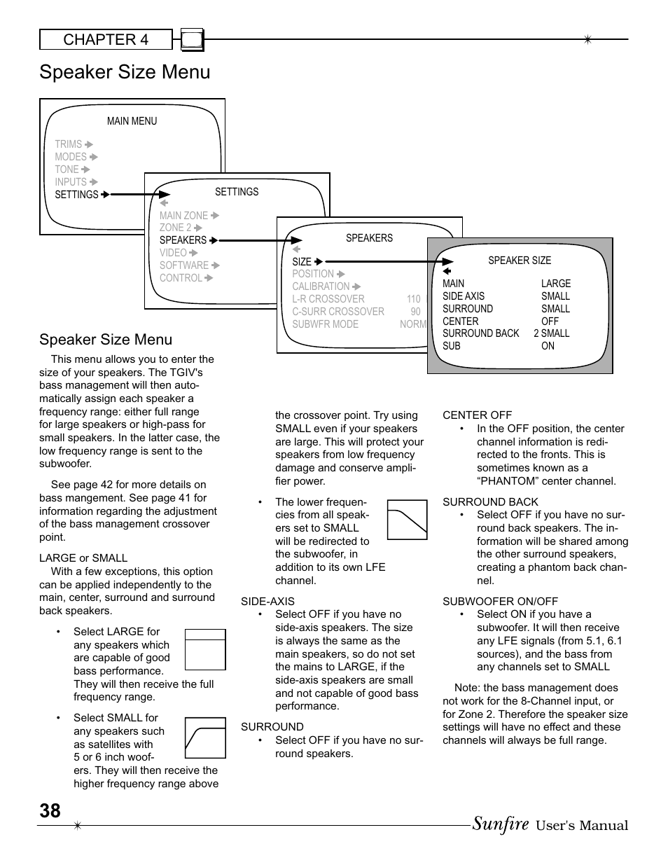 Speaker size menu, Chapter 4, User's manual | Sunfire IV User Manual | Page 38 / 60