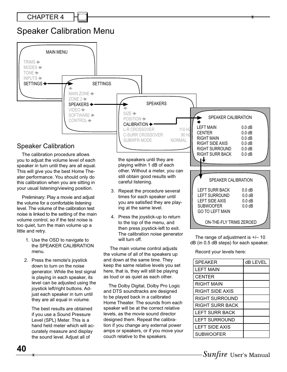 Speaker calibration menu, Chapter 4, Speaker calibration | User's manual | Sunfire IV User Manual | Page 40 / 60