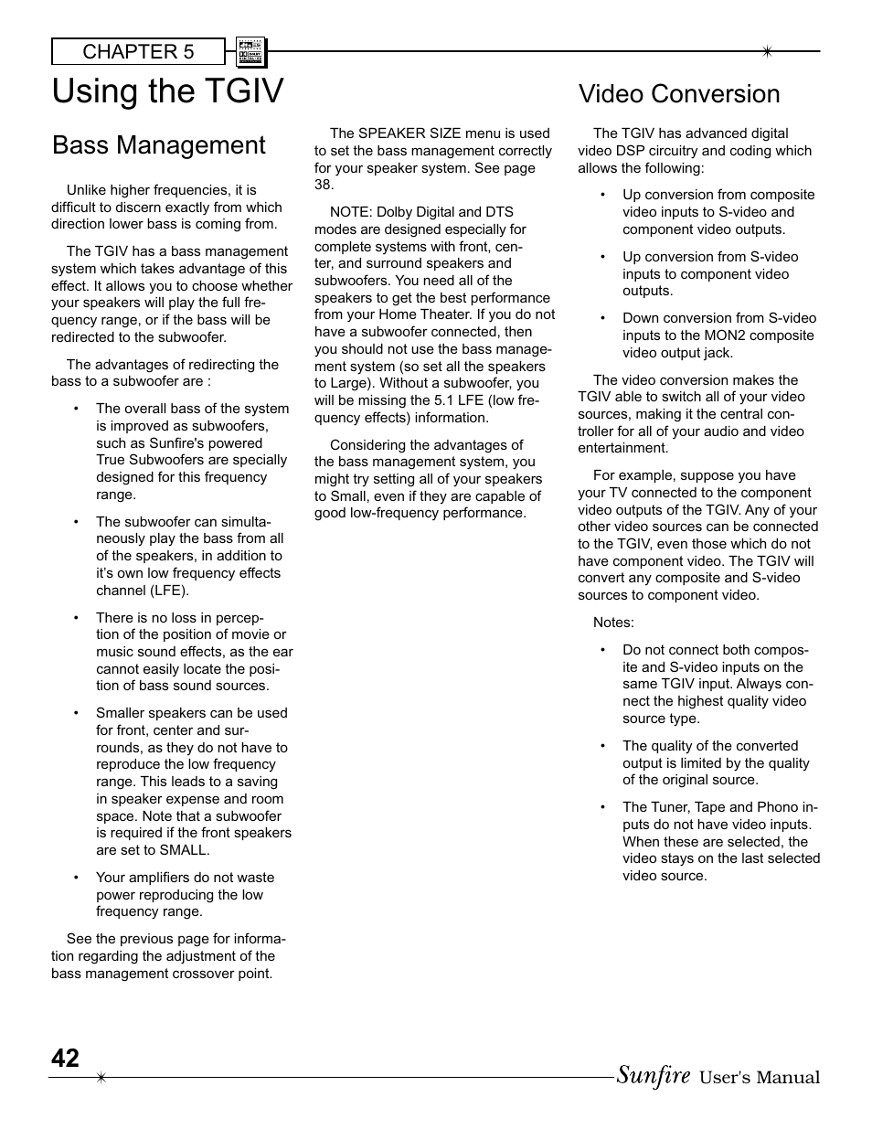 Using the tgiv, Bass management, Video conversion | Chapter 5 | Sunfire IV User Manual | Page 42 / 60