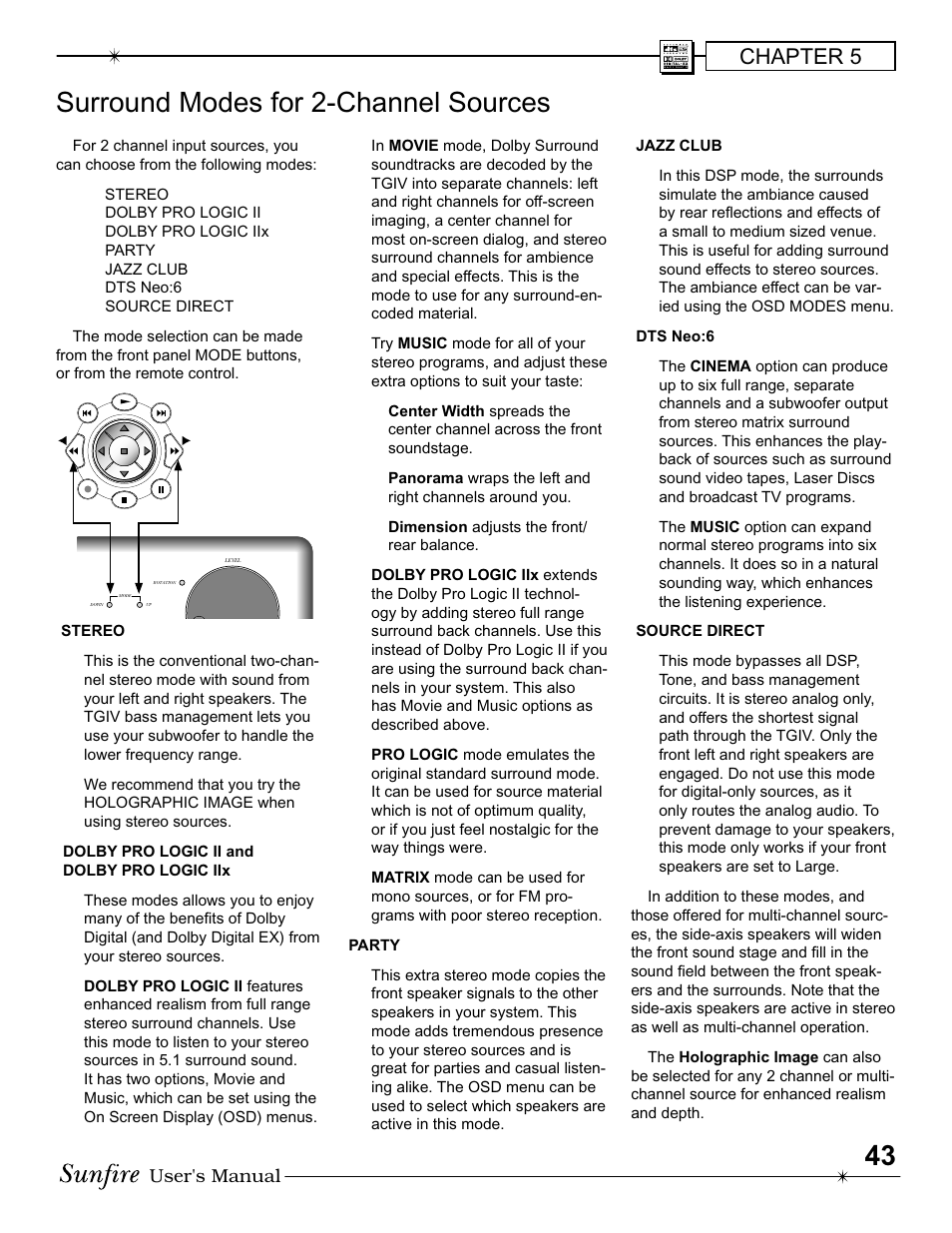 Surround modes for 2-channel sources, Chapter 5, User's manual | Sunfire IV User Manual | Page 43 / 60