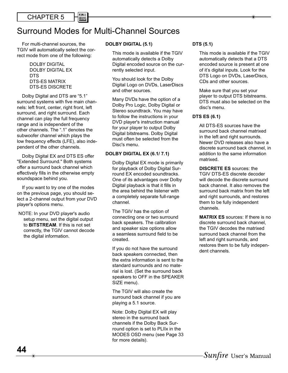 Surround modes for multi-channel sources, Chapter 5 | Sunfire IV User Manual | Page 44 / 60