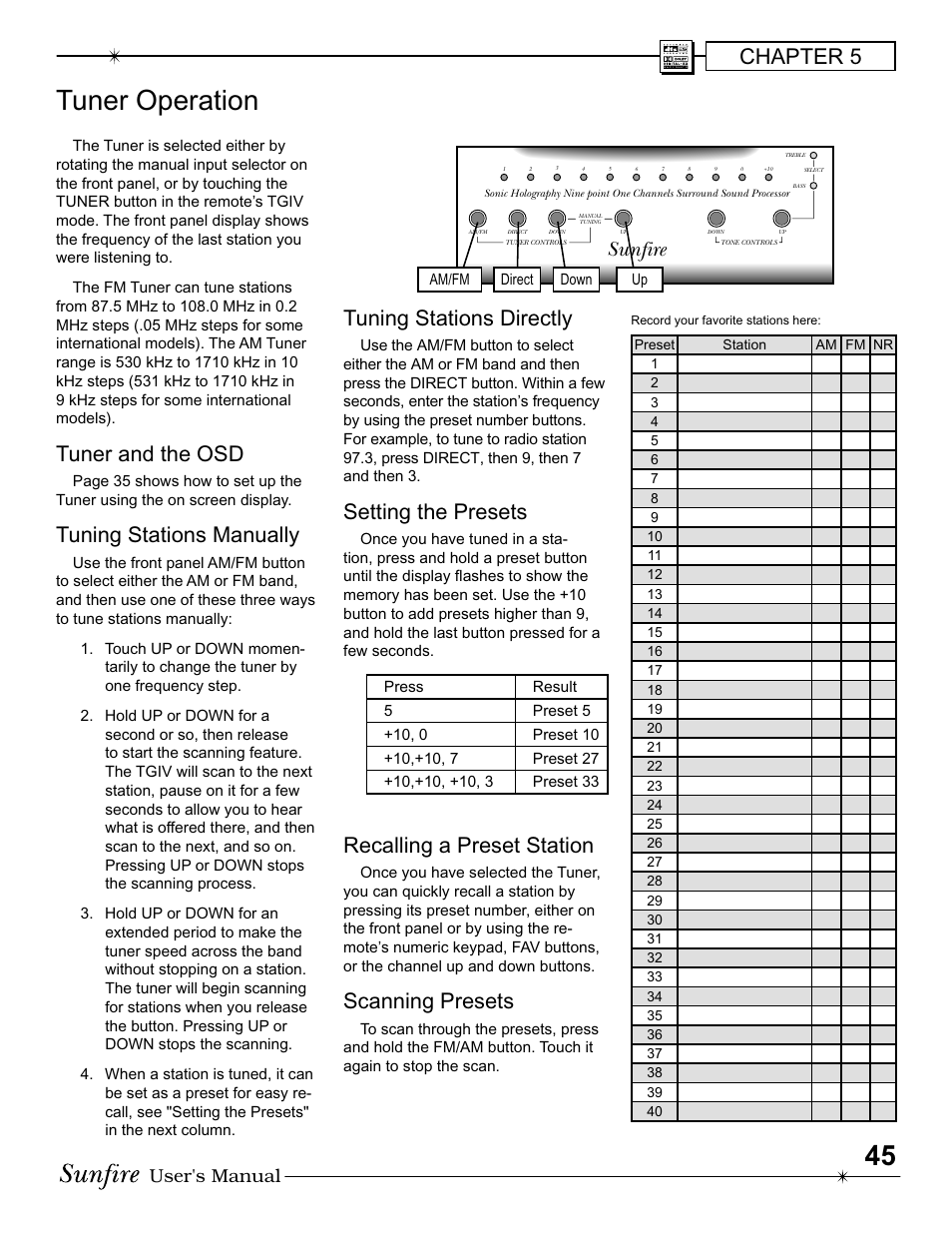 Tuner operation, Chapter 5, Tuner and the osd | Tuning stations manually, Tuning stations directly, Setting the presets, Recalling a preset station, Scanning presets, Sunfire, User's manual | Sunfire IV User Manual | Page 45 / 60