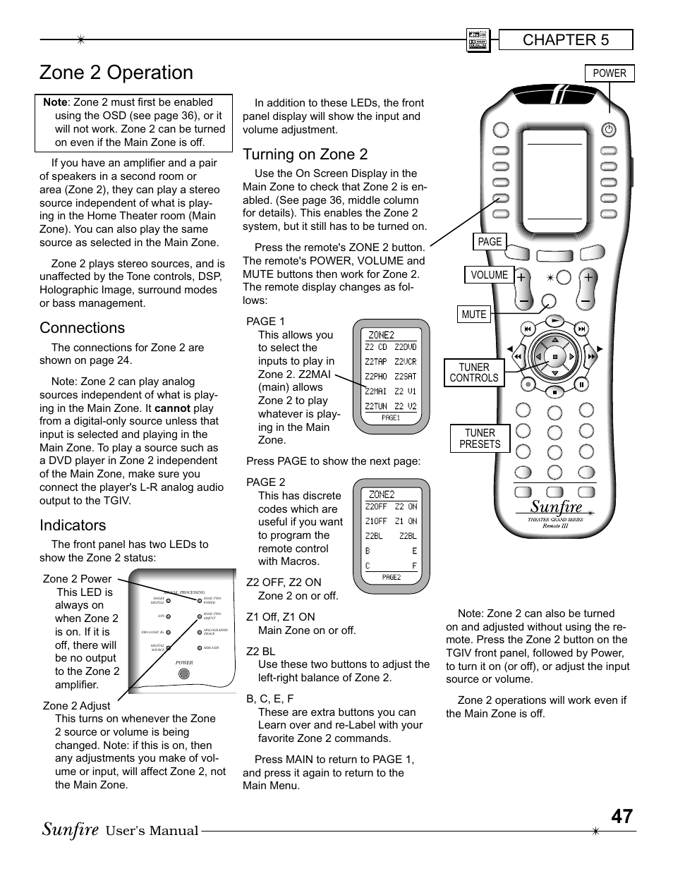 Zone 2 operation, Chapter 5, Connections | Indicators, Turning on zone 2, User's manual, Main | Sunfire IV User Manual | Page 47 / 60