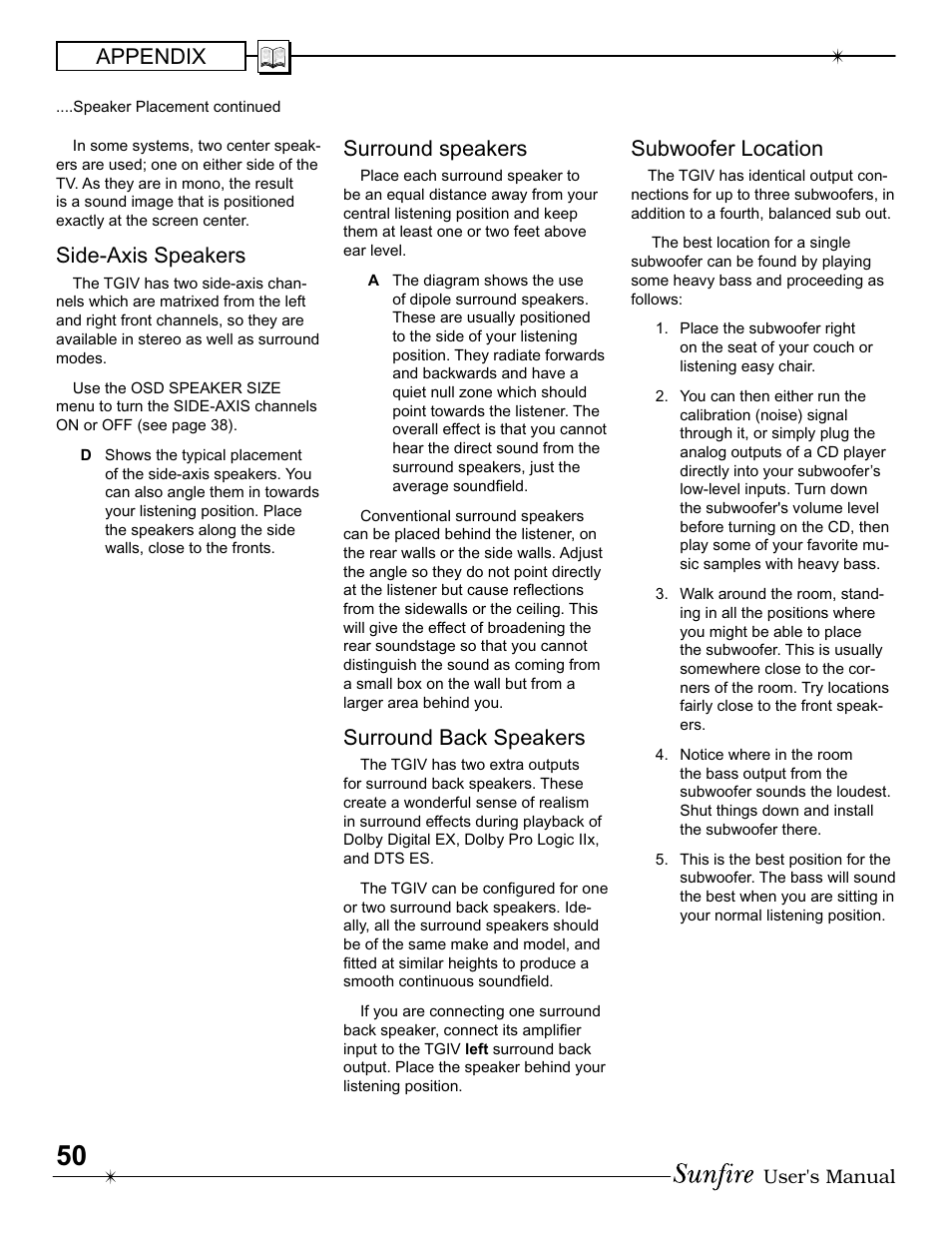 Appendix, Side-axis speakers, Surround speak ers | Surround back speakers, Subwoofer location | Sunfire IV User Manual | Page 50 / 60