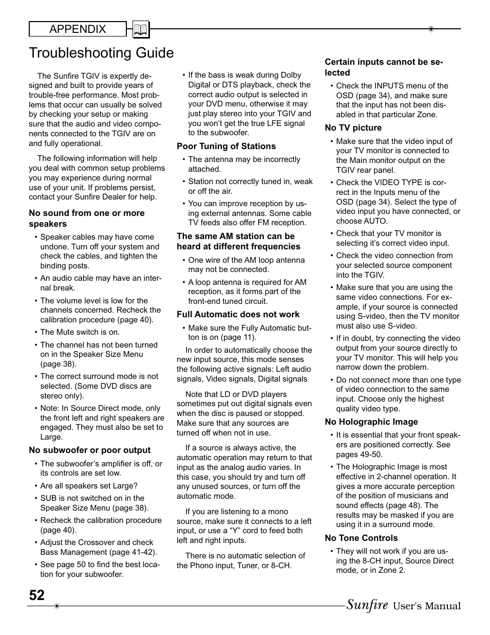 Troubleshooting guide, Appendix | Sunfire IV User Manual | Page 52 / 60