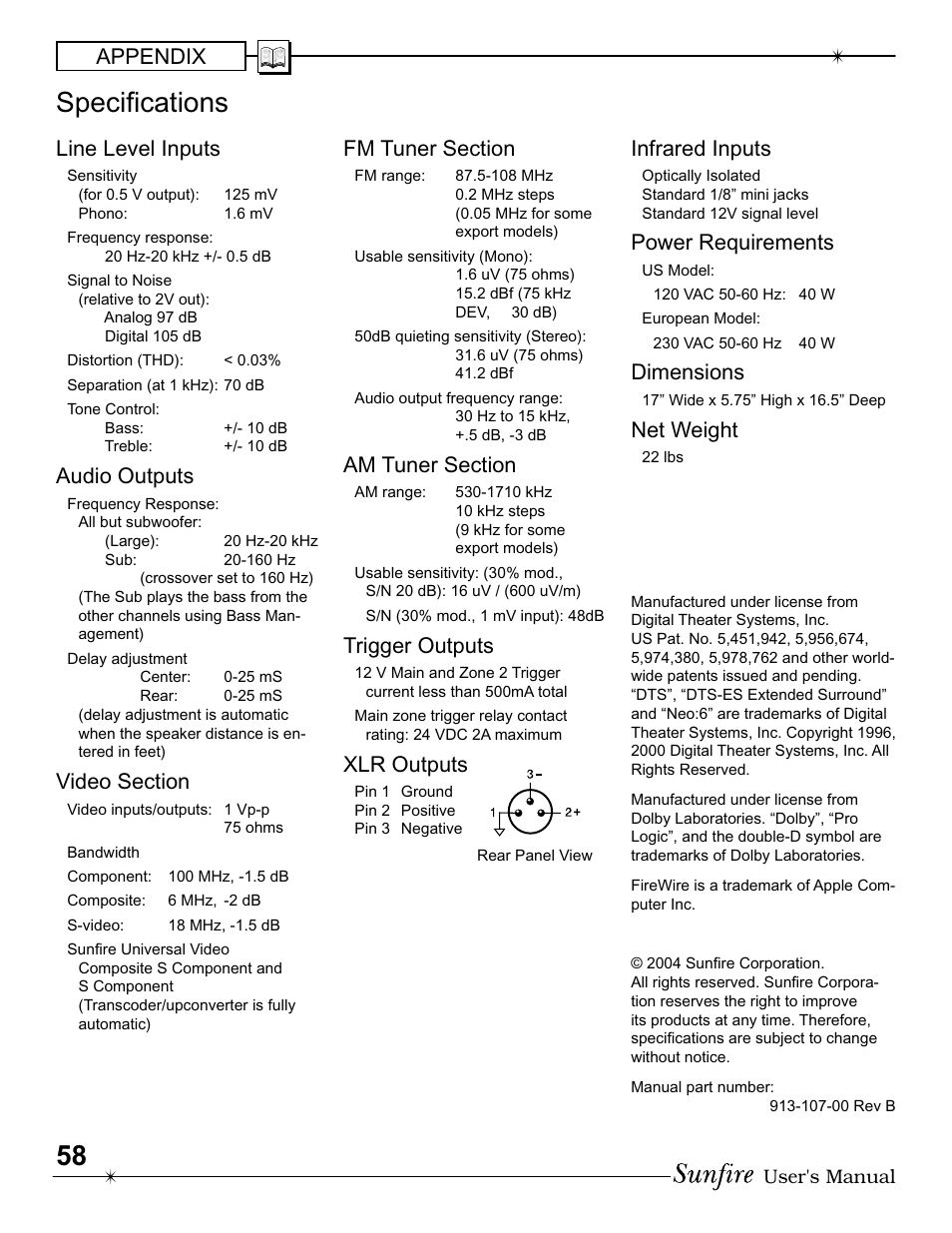 Speciﬁ cations, Appendix, Line level inputs | Audio outputs, Trigger outputs, Xlr outputs, Infrared inputs, Power requirements, Dimensions, Net weight | Sunfire IV User Manual | Page 58 / 60