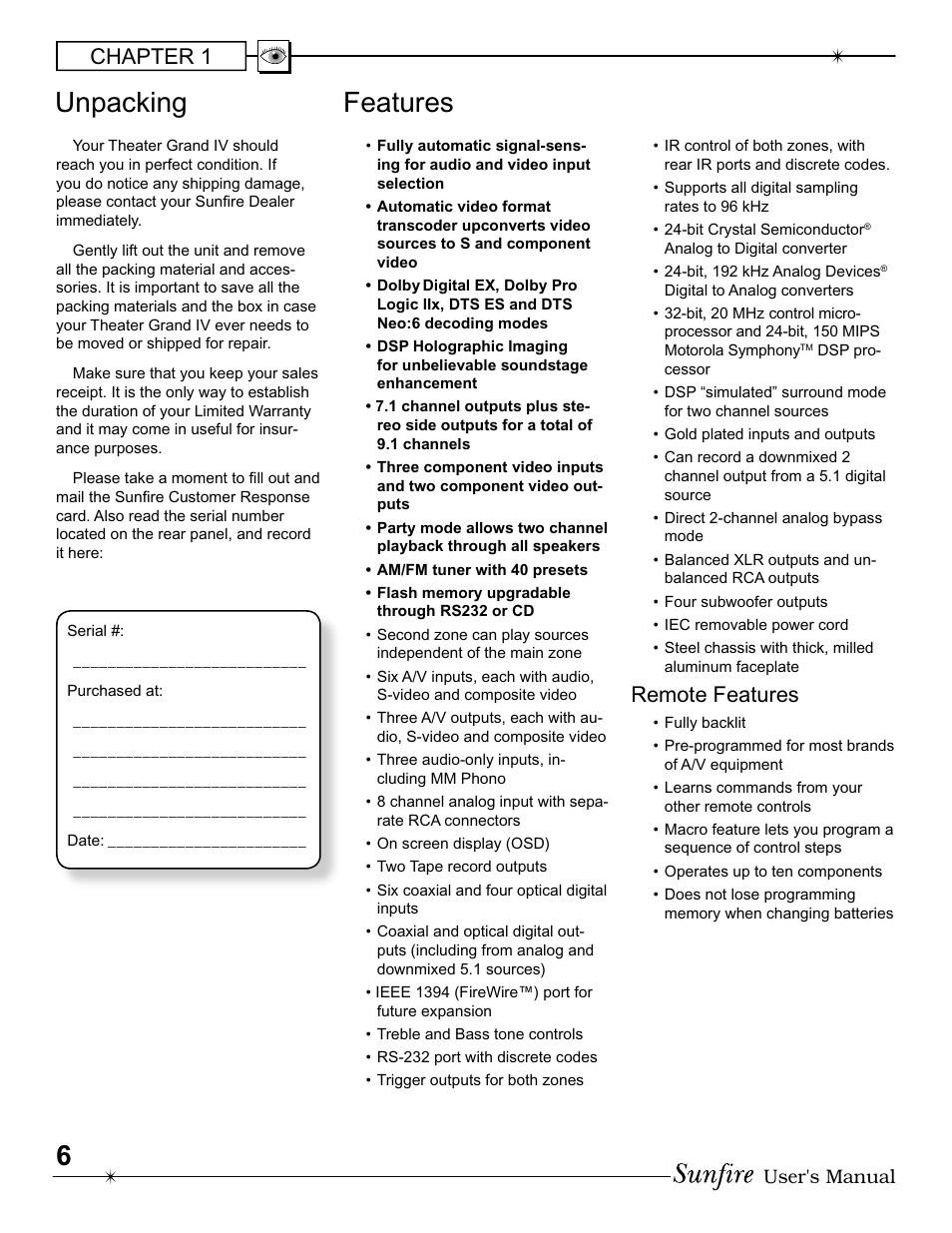 Unpacking features, Chapter 1, Remote features | User's manual | Sunfire IV User Manual | Page 6 / 60