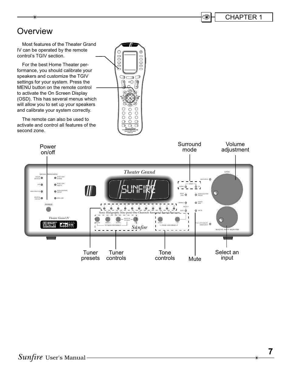 Overview, Chapter 1, User's manual | Surround mode select an input power on/off, Theater grand, Sunfire | Sunfire IV User Manual | Page 7 / 60