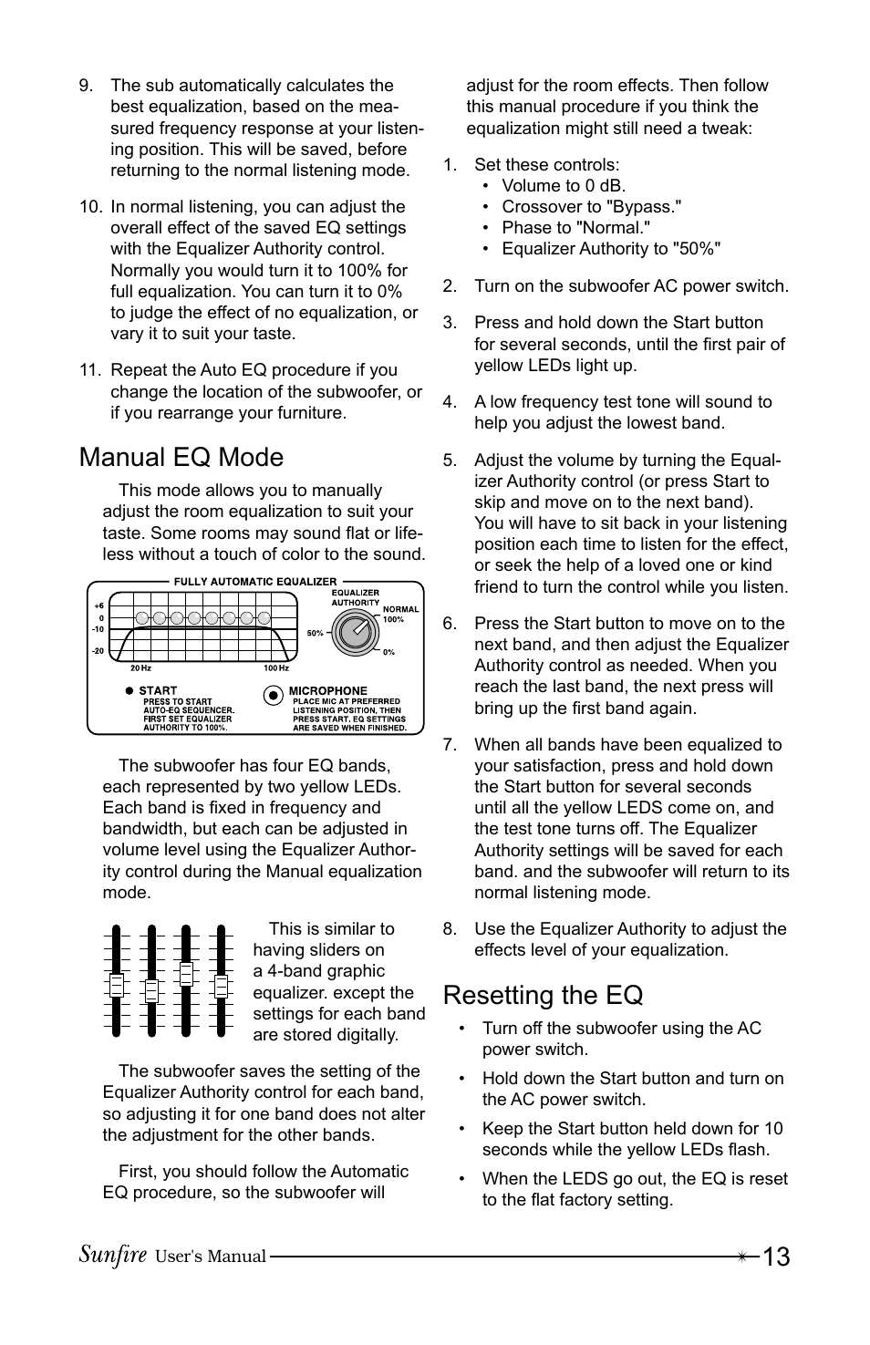 Manual eq mode, Resetting the eq | Sunfire True Subwoofer Signature and Standard Version User Manual | Page 13 / 24