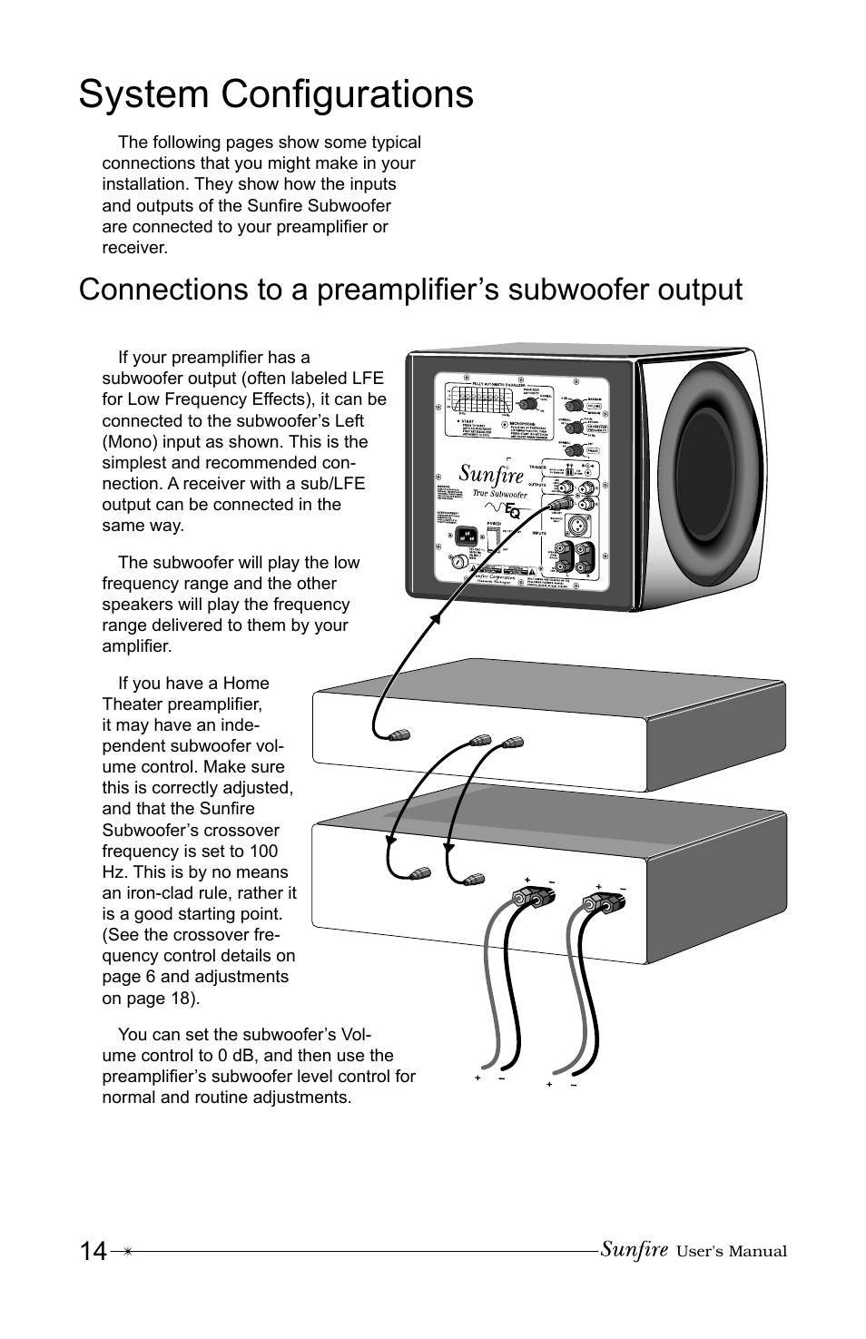 System conþ gurations, Connections to a preampliþ er’s subwoofer output | Sunfire True Subwoofer Signature and Standard Version User Manual | Page 14 / 24