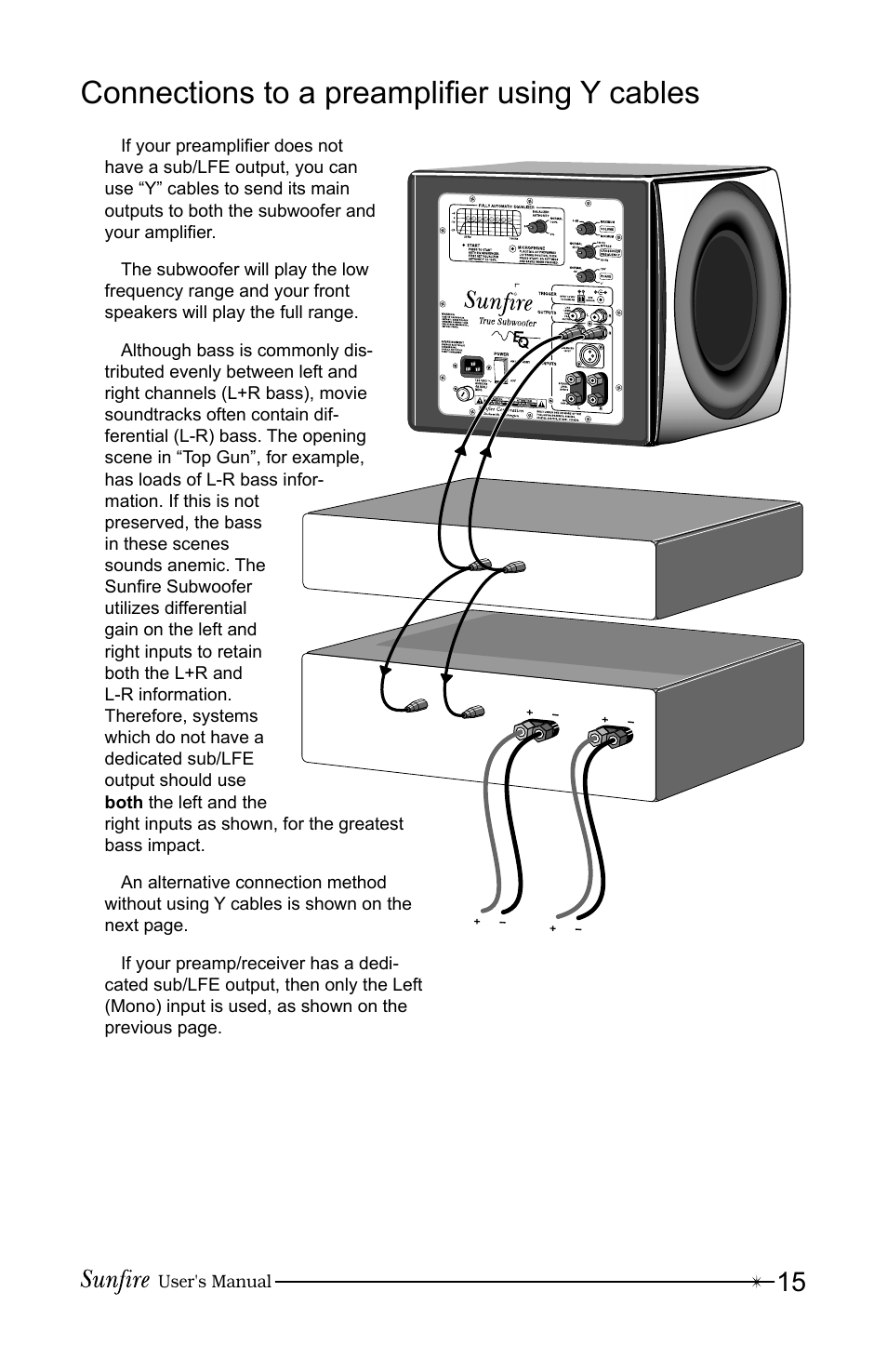 Connections to a preampliþ er using y cables | Sunfire True Subwoofer Signature and Standard Version User Manual | Page 15 / 24