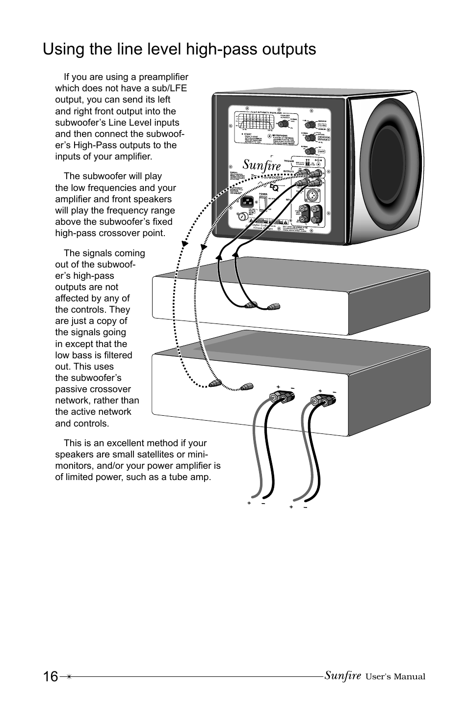 Using the line level high-pass outputs | Sunfire True Subwoofer Signature and Standard Version User Manual | Page 16 / 24