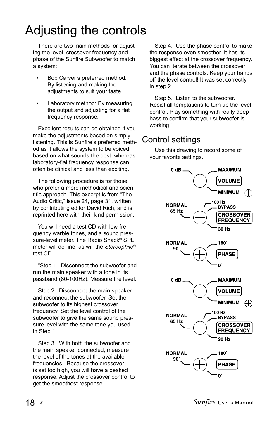 Adjusting the controls, Control settings | Sunfire True Subwoofer Signature and Standard Version User Manual | Page 18 / 24