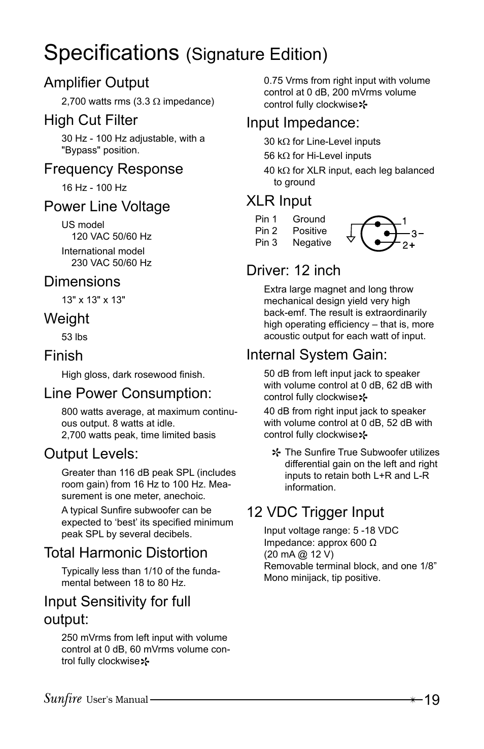 Speciþ cations, Signature edition) | Sunfire True Subwoofer Signature and Standard Version User Manual | Page 19 / 24