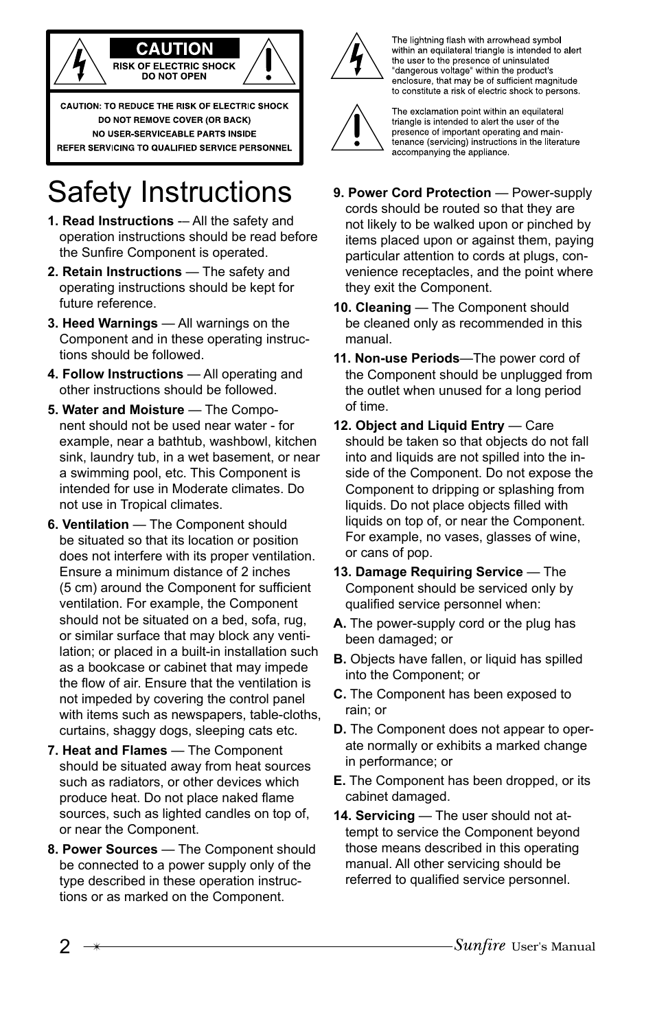 Safety in struc tions | Sunfire True Subwoofer Signature and Standard Version User Manual | Page 2 / 24