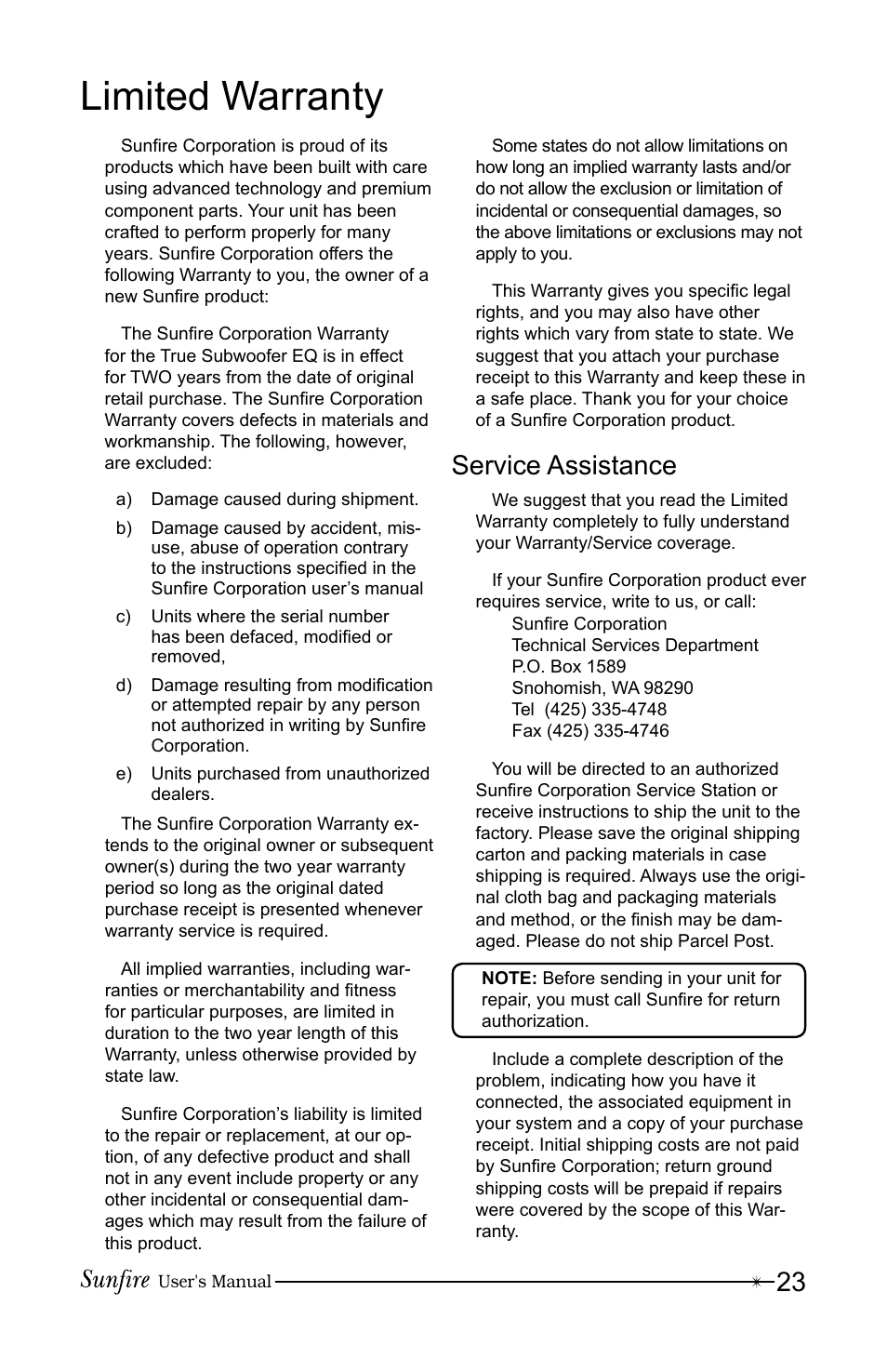 Limited warranty, Service assistance | Sunfire True Subwoofer Signature and Standard Version User Manual | Page 23 / 24