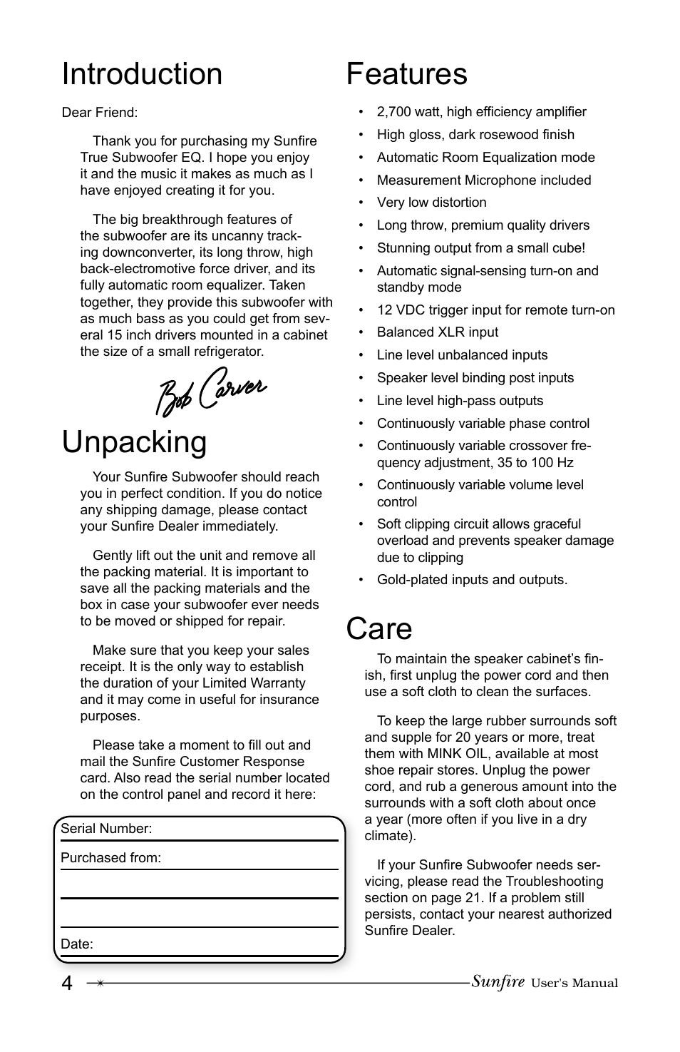 Unpacking features, Introduction care | Sunfire True Subwoofer Signature and Standard Version User Manual | Page 4 / 24