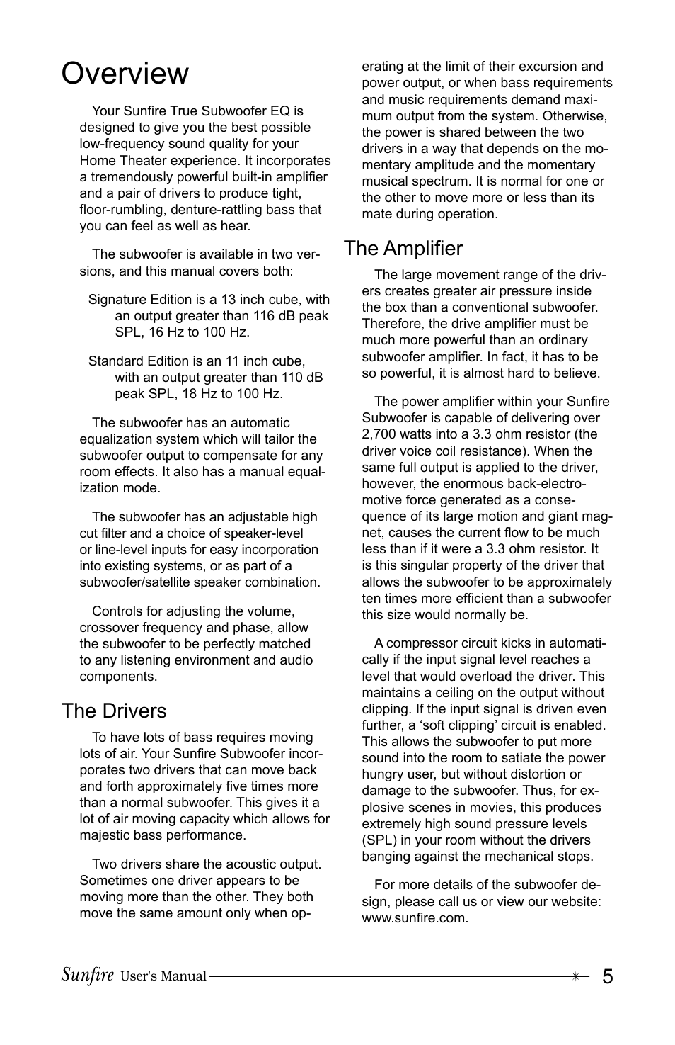 Overview, The drivers, The ampliþ er | Sunfire True Subwoofer Signature and Standard Version User Manual | Page 5 / 24