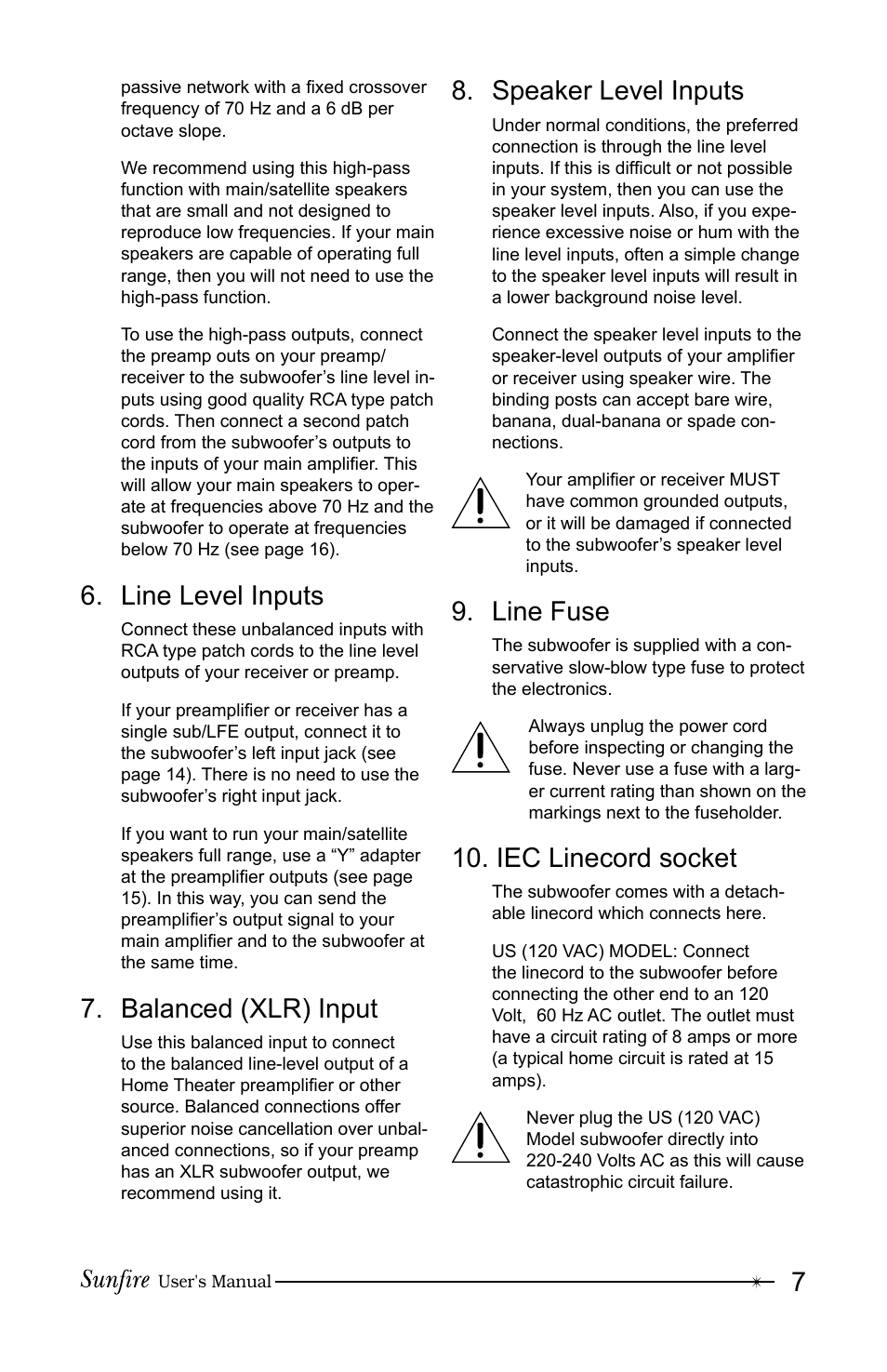 Line level inputs, Balanced (xlr) input, Speaker level inputs | Line fuse, Iec linecord socket | Sunfire True Subwoofer Signature and Standard Version User Manual | Page 7 / 24