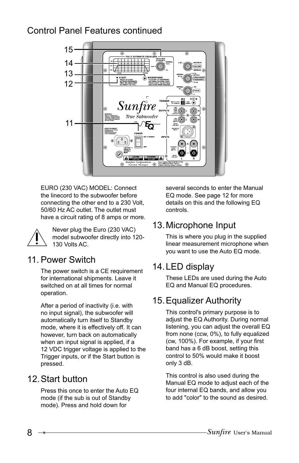 8control panel features continued, Power switch, Start button | Microphone input, Led display, Equalizer authority | Sunfire True Subwoofer Signature and Standard Version User Manual | Page 8 / 24