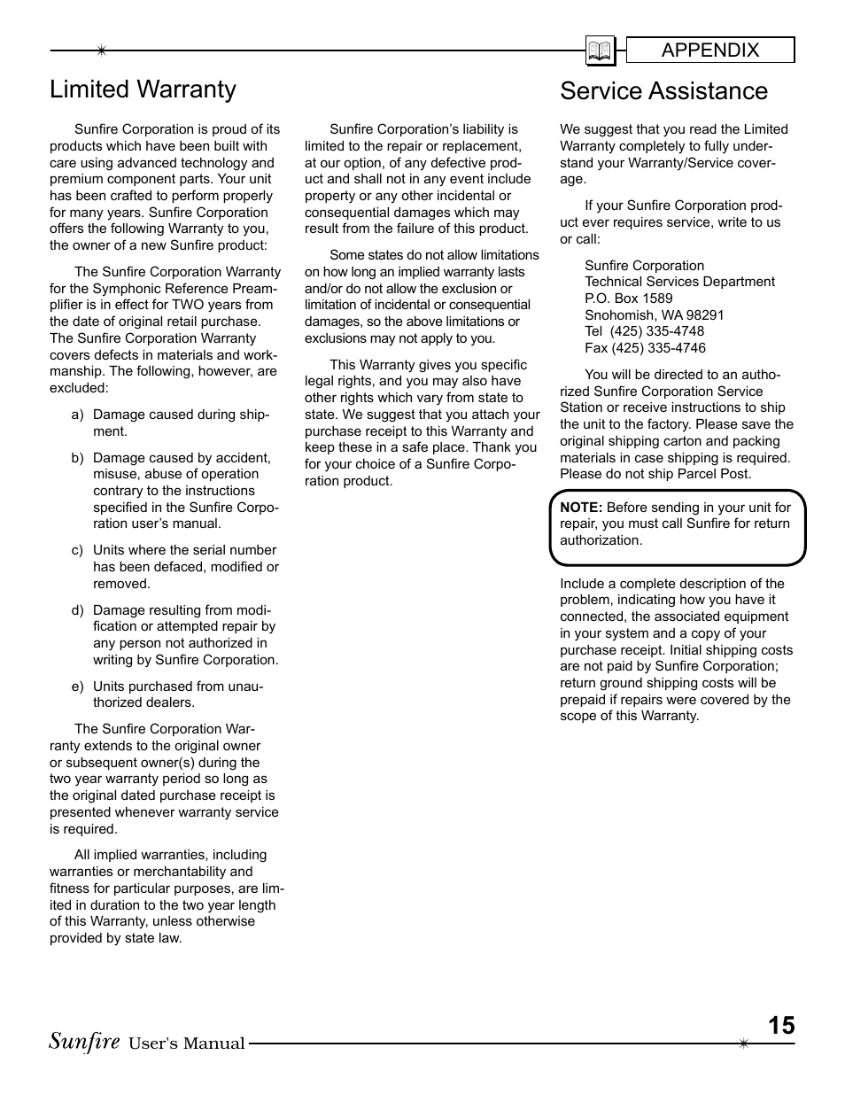 Limited warranty, Service assistance, Appendix | Sunfire Symphonic Reference High Fidelity Control Center and Preamplifier User Manual | Page 15 / 16