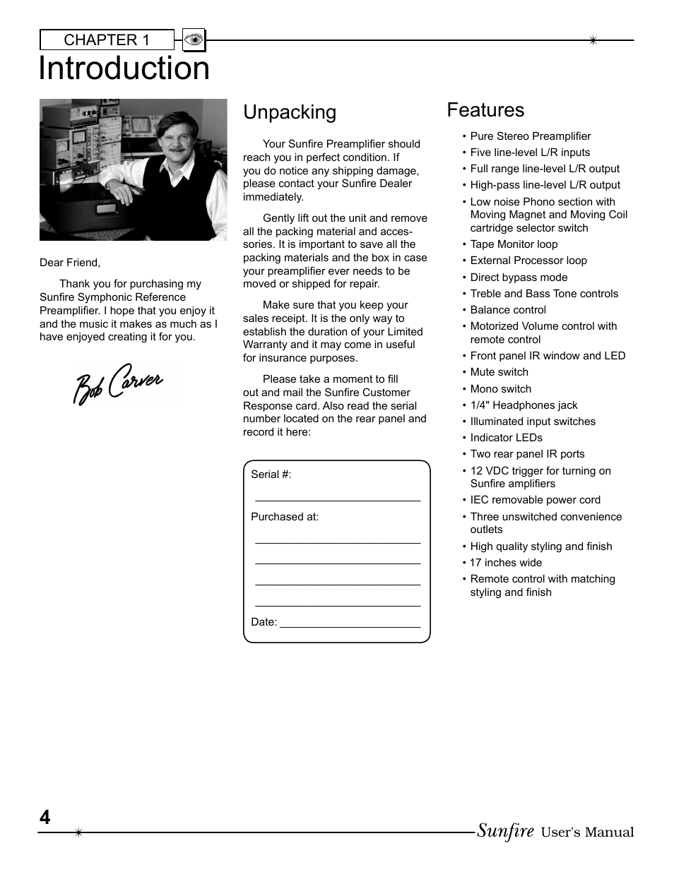 Introduction, Unpacking features, Chapter 1 | Sunfire Symphonic Reference High Fidelity Control Center and Preamplifier User Manual | Page 4 / 16