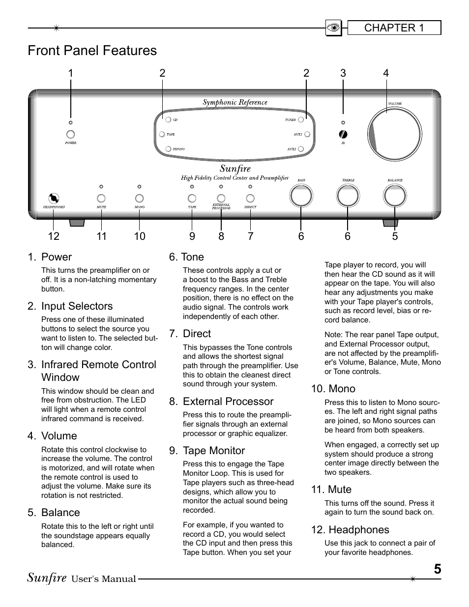 Front panel features | Sunfire Symphonic Reference High Fidelity Control Center and Preamplifier User Manual | Page 5 / 16