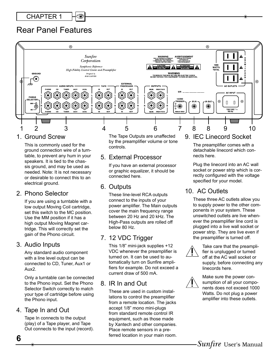 Rear panel fea tures | Sunfire Symphonic Reference High Fidelity Control Center and Preamplifier User Manual | Page 6 / 16