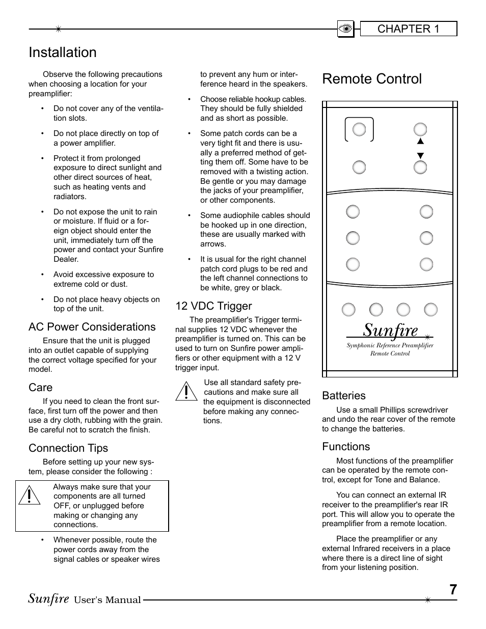 Installation remote control, Chapter 1, Ac power con sid er ations | Care, Connection tips, 12 vdc trigger, Batteries, Functions | Sunfire Symphonic Reference High Fidelity Control Center and Preamplifier User Manual | Page 7 / 16