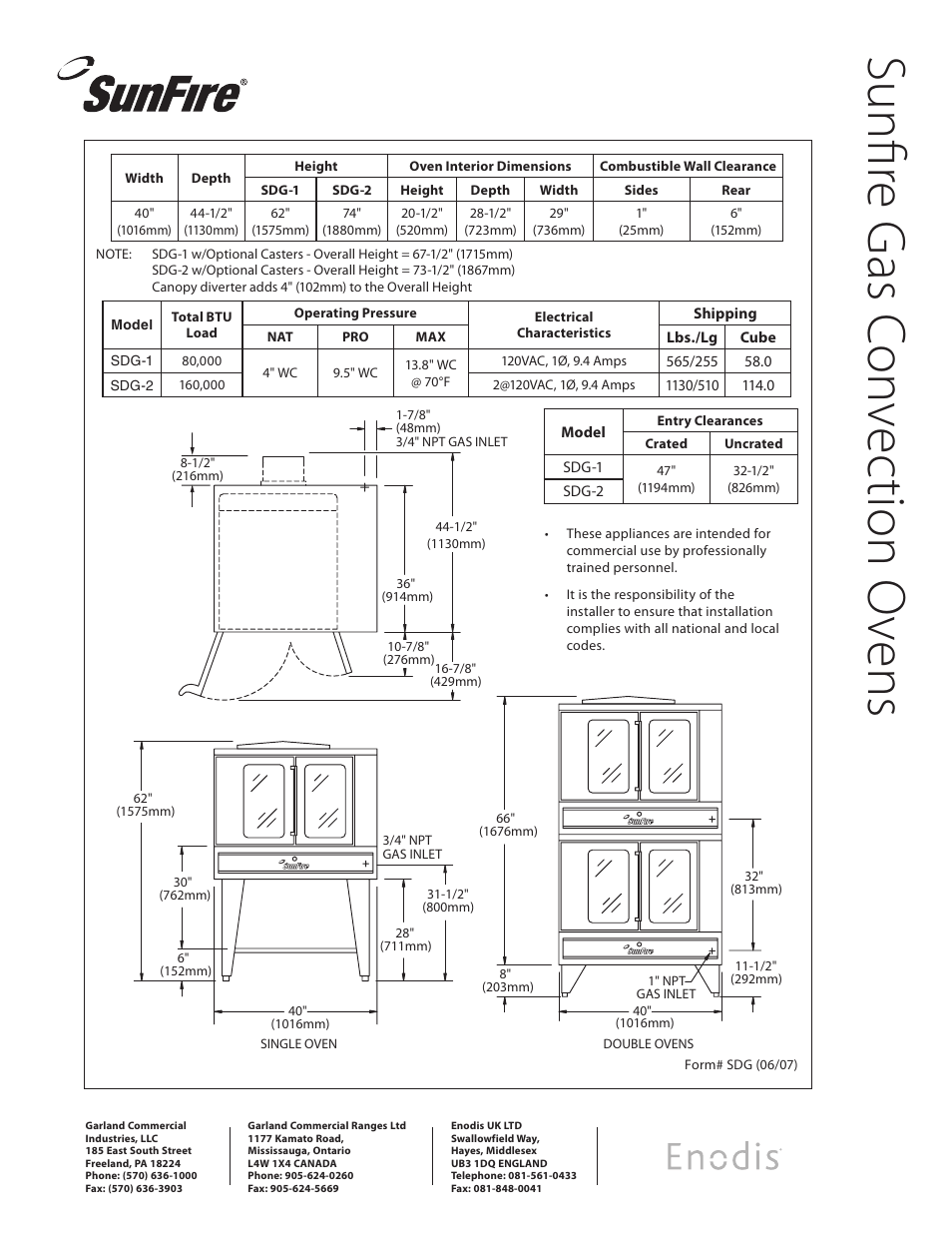 Su nfi re g as c on ve cti on o ve ns | Sunfire SDG-1 User Manual | Page 2 / 2