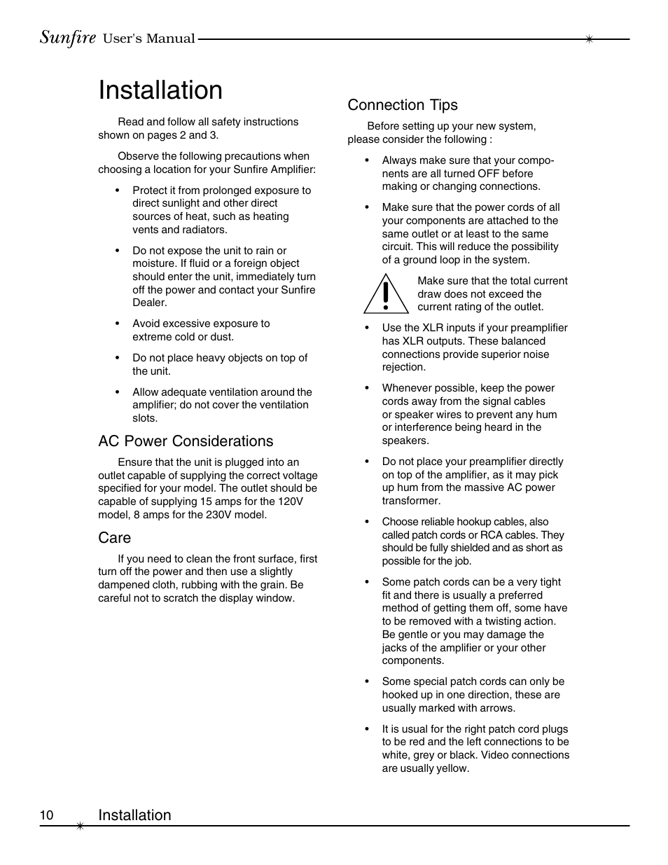 Installation, Ac power considerations, Care | Connection tips | Sunfire Signature User Manual | Page 10 / 24