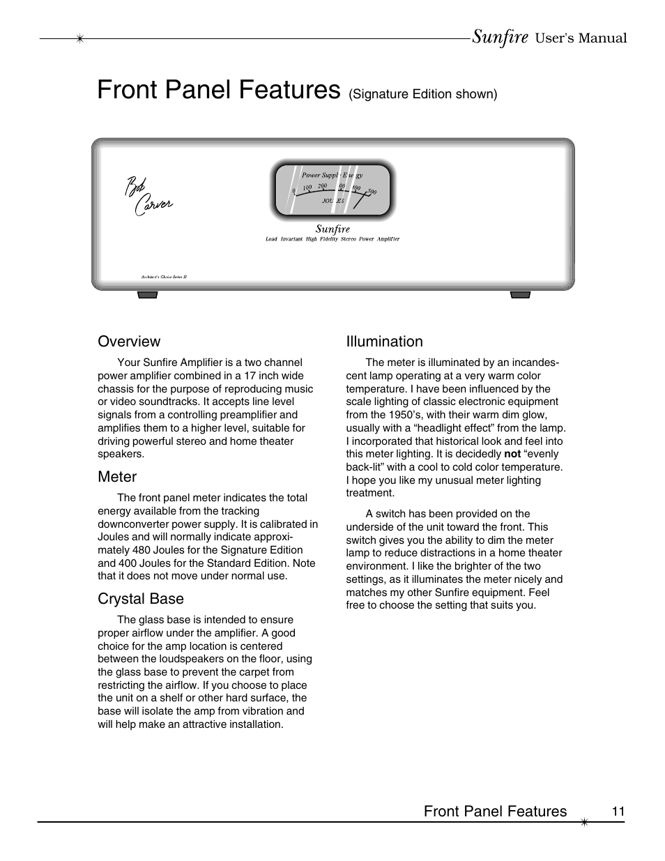 Front panel features | Sunfire Signature User Manual | Page 11 / 24