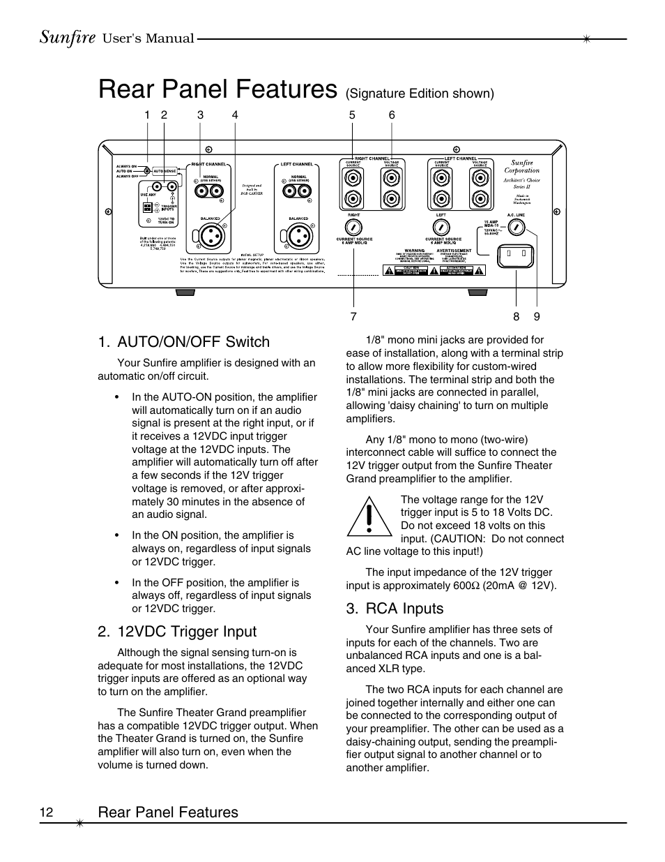 Rear panel features, Auto/on/off switch, 12vdc trigger input | Rca inputs | Sunfire Signature User Manual | Page 12 / 24