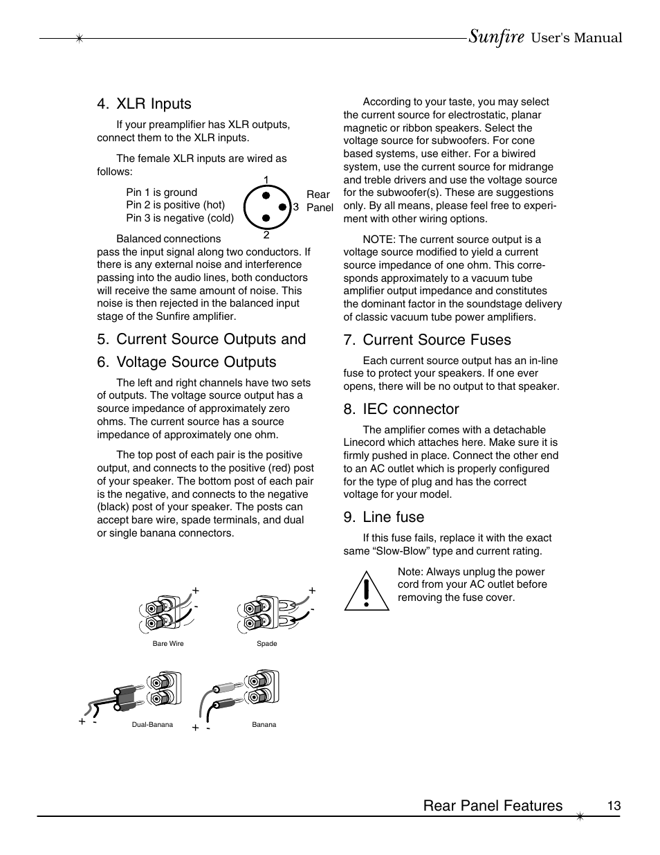 Rear panel features, Xlr inputs, Current source fuses | Iec connector, Line fuse | Sunfire Signature User Manual | Page 13 / 24