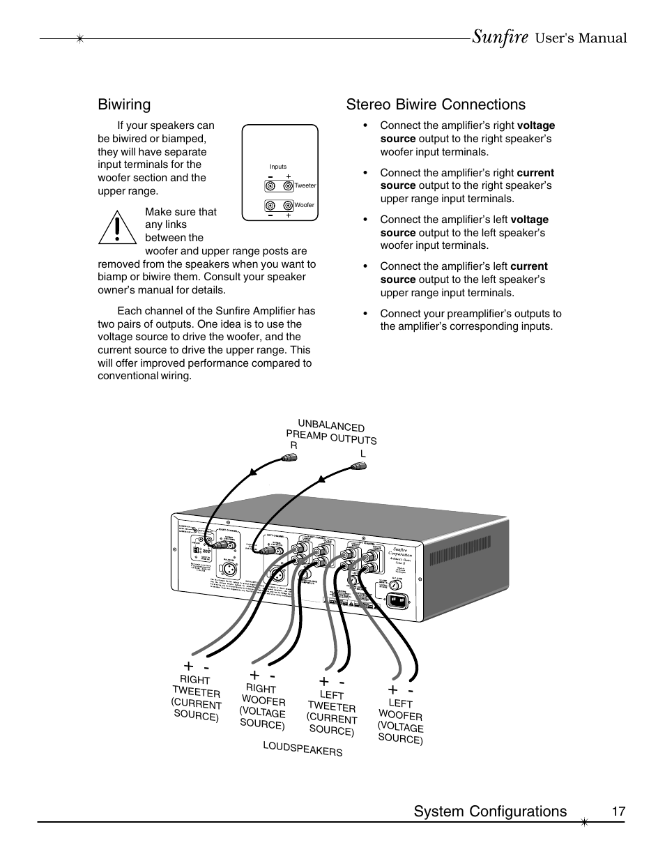 Biwiring, Stereo biwire connections, System configurations | User's manual | Sunfire Signature User Manual | Page 17 / 24