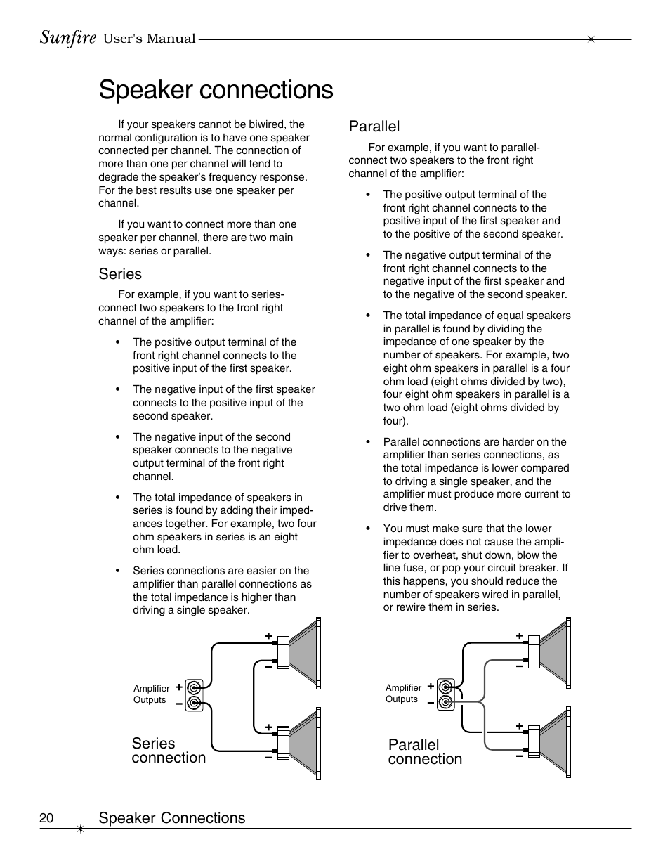 Speaker connections, Series, Parallel | Sunfire Signature User Manual | Page 20 / 24