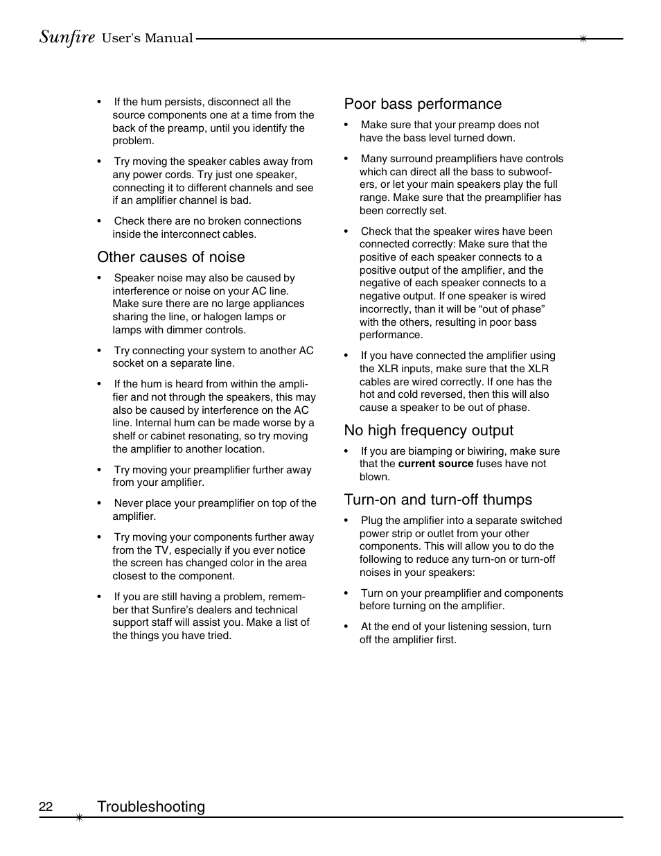 Troubleshooting, Other causes of noise, Poor bass performance | No high frequency output, Turn-on and turn-off thumps | Sunfire Signature User Manual | Page 22 / 24