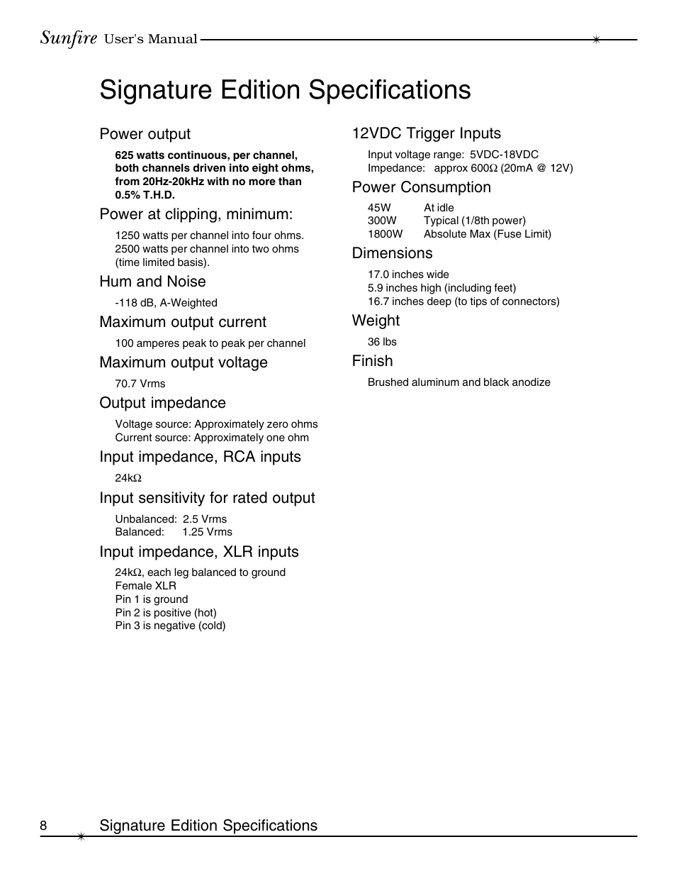 Signature edition specifications | Sunfire Signature User Manual | Page 8 / 24