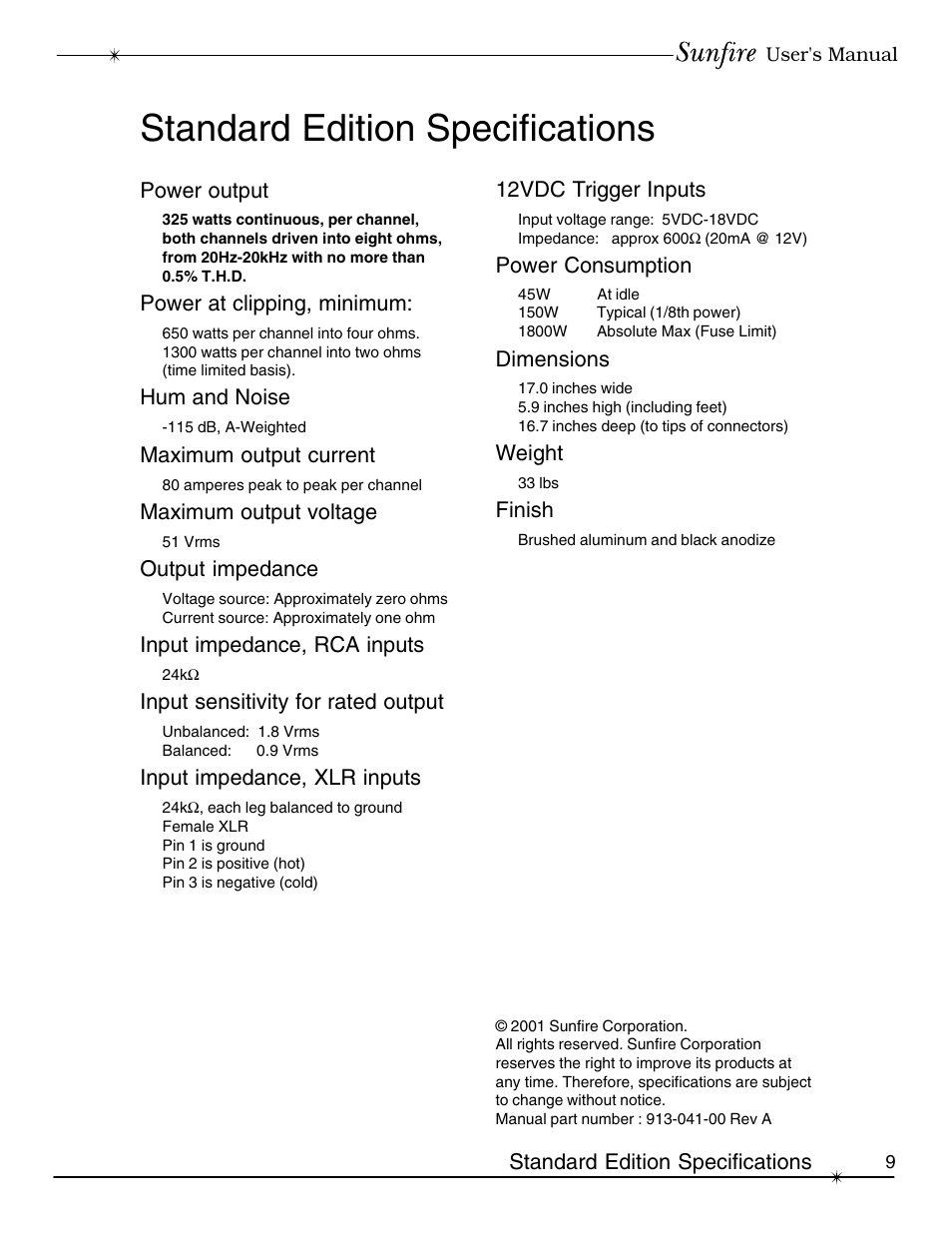 Standard edition specifications | Sunfire Signature User Manual | Page 9 / 24