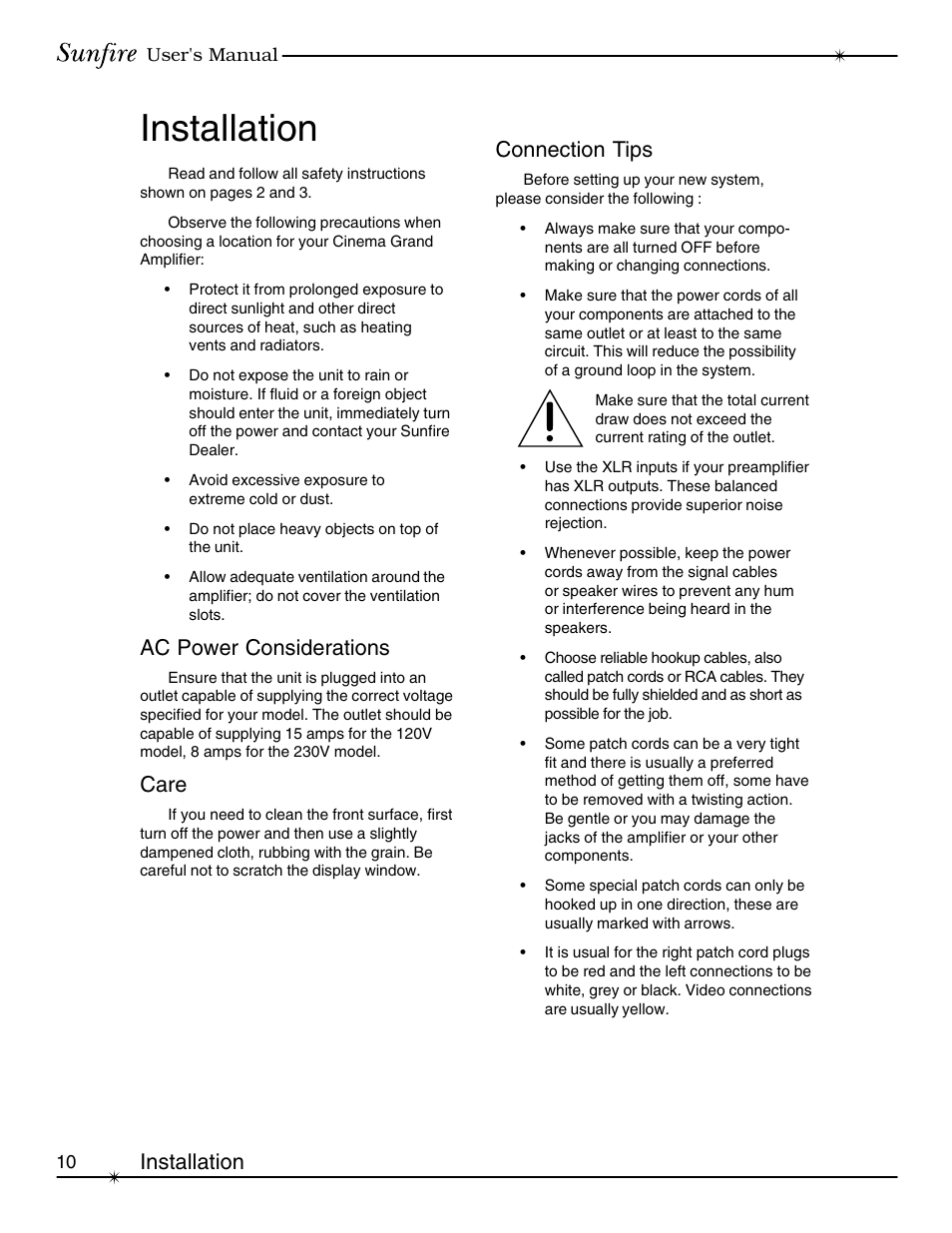 Installation, Ac power considerations, Care | Connection tips | Sunfire cinema grand Series II User Manual | Page 10 / 24